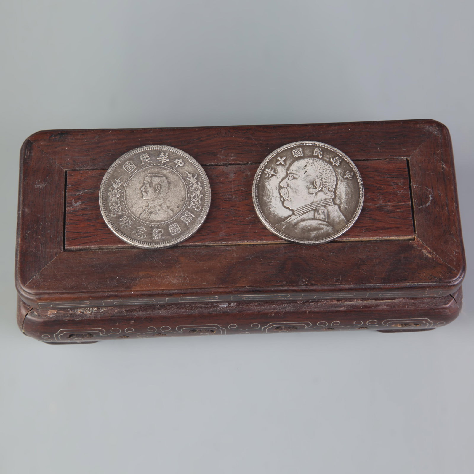 GROUP OF TWO OLD CHINESE COIN “REPUBLIC PERIOD": Republic Period, Diameter:1.8; Wooden base for picture and display only.