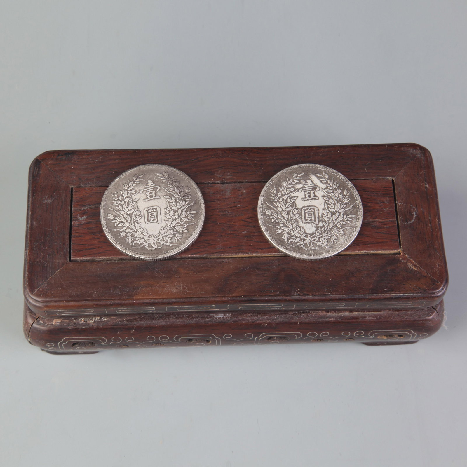 GROUP OF TWO OLD CHINESE COIN “REPUBLIC PERIOD": Republic Period, Diameter:1.8; Wooden base for picture and display only.
