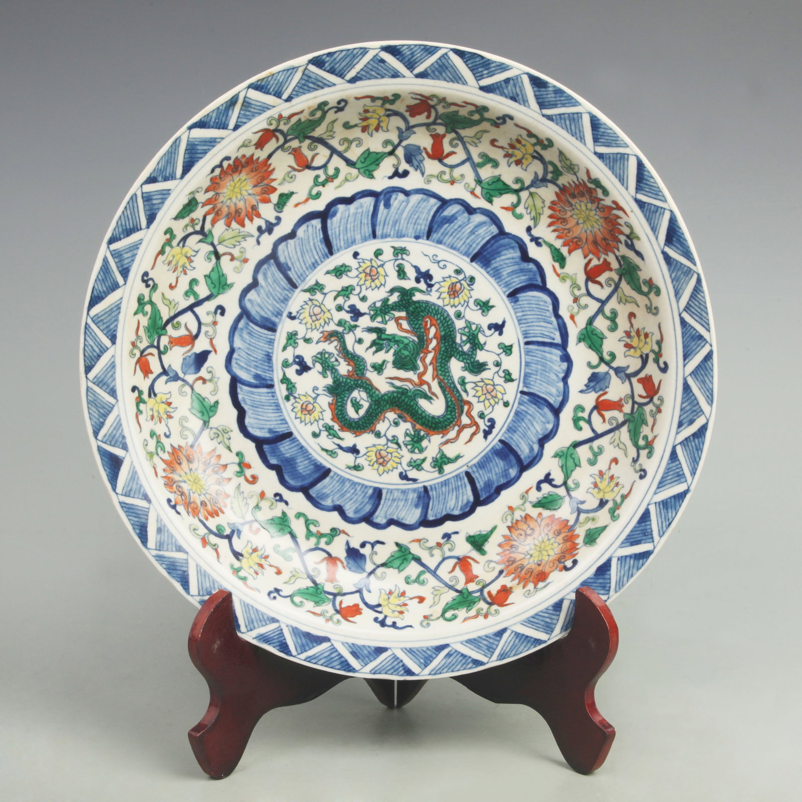LARGE DOUCAI COLOR DRAGON PATTERN FLOWER PATTERN PLATE: Ming Dynasty Style; Diameter:13 inch. Wooden base for picture and display only.