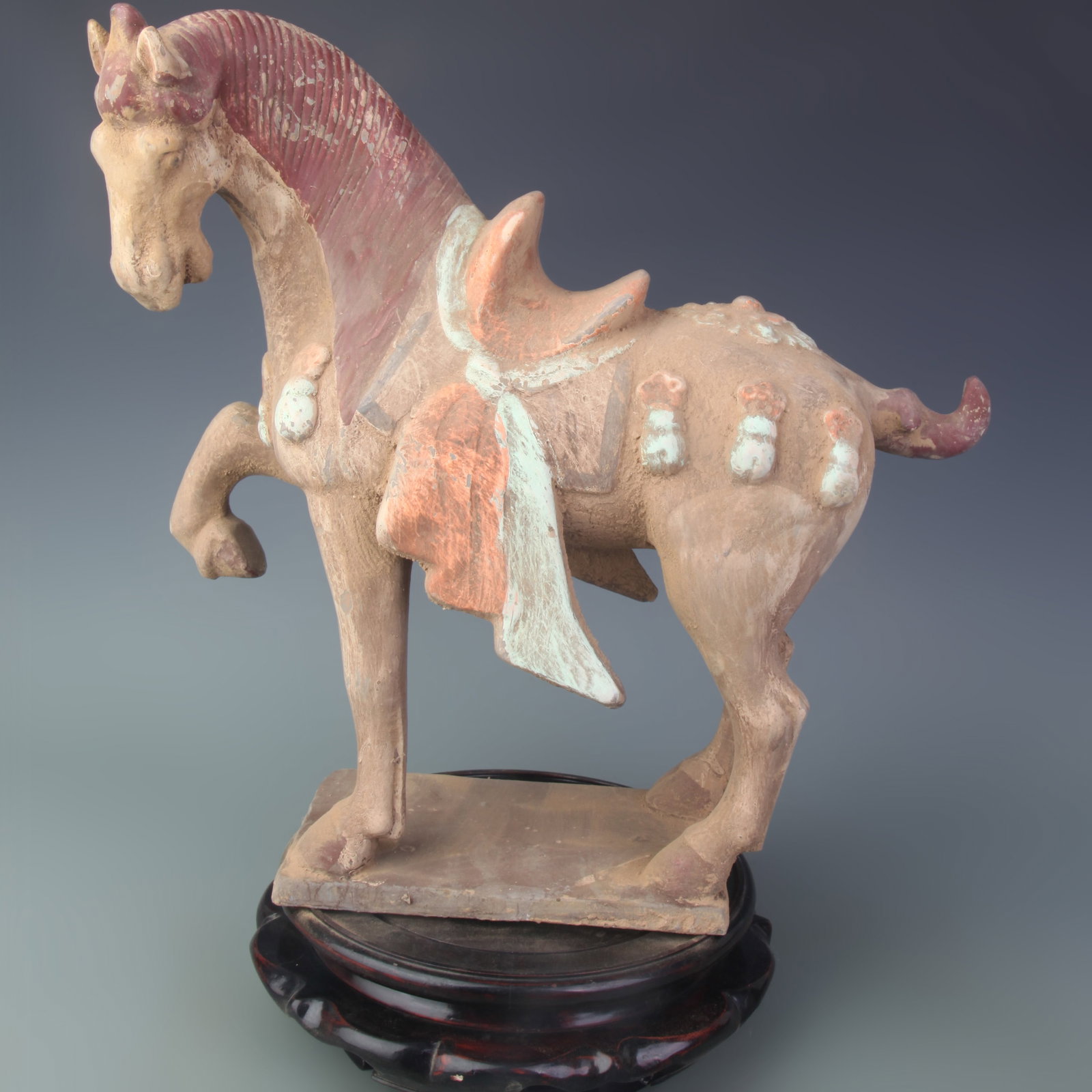 CHINESE SANCAI COLORED GLAZED HORSE FIGURINE: Tang Dynasty; High: 15.2 inch; Wooden base for picture and display only.