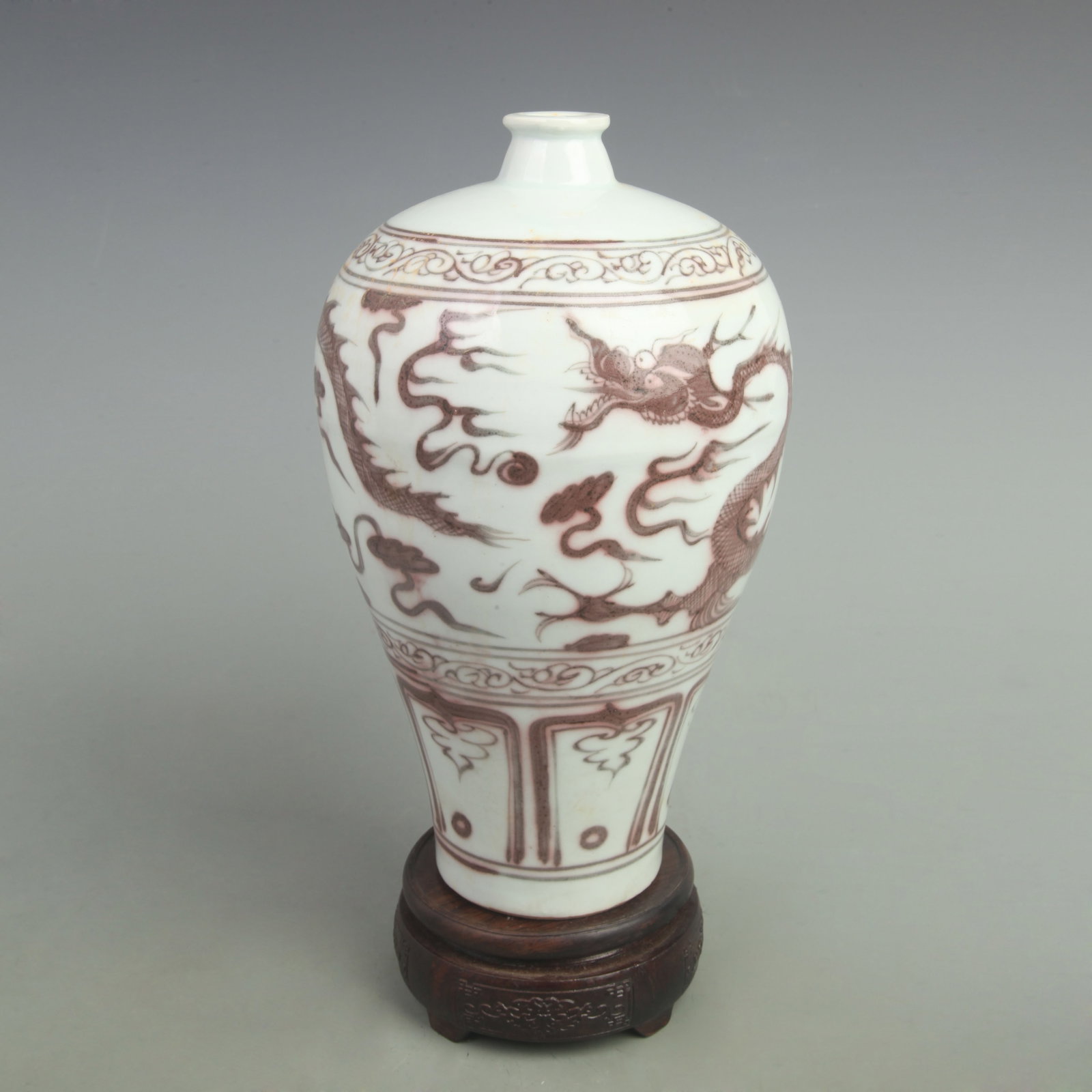 DRAGON PATTERN PLUM STYLE PORCELAIN VASE: Yuan Dynasty Style; High: 11 inch; Width: 6.5 inch; Wooden base for picture and display only.
