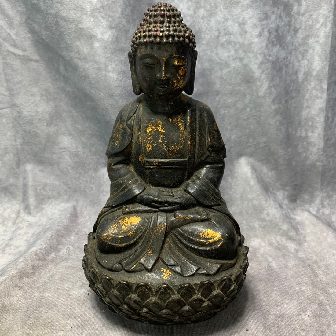 GILT BRONZE SEATED SAKYAMUNI STATUE: Ming Dynasty Style; Long: 5.6 inch; Width: 4.8 inch; High: 9.5 inch. Wooden base for picture and display only.