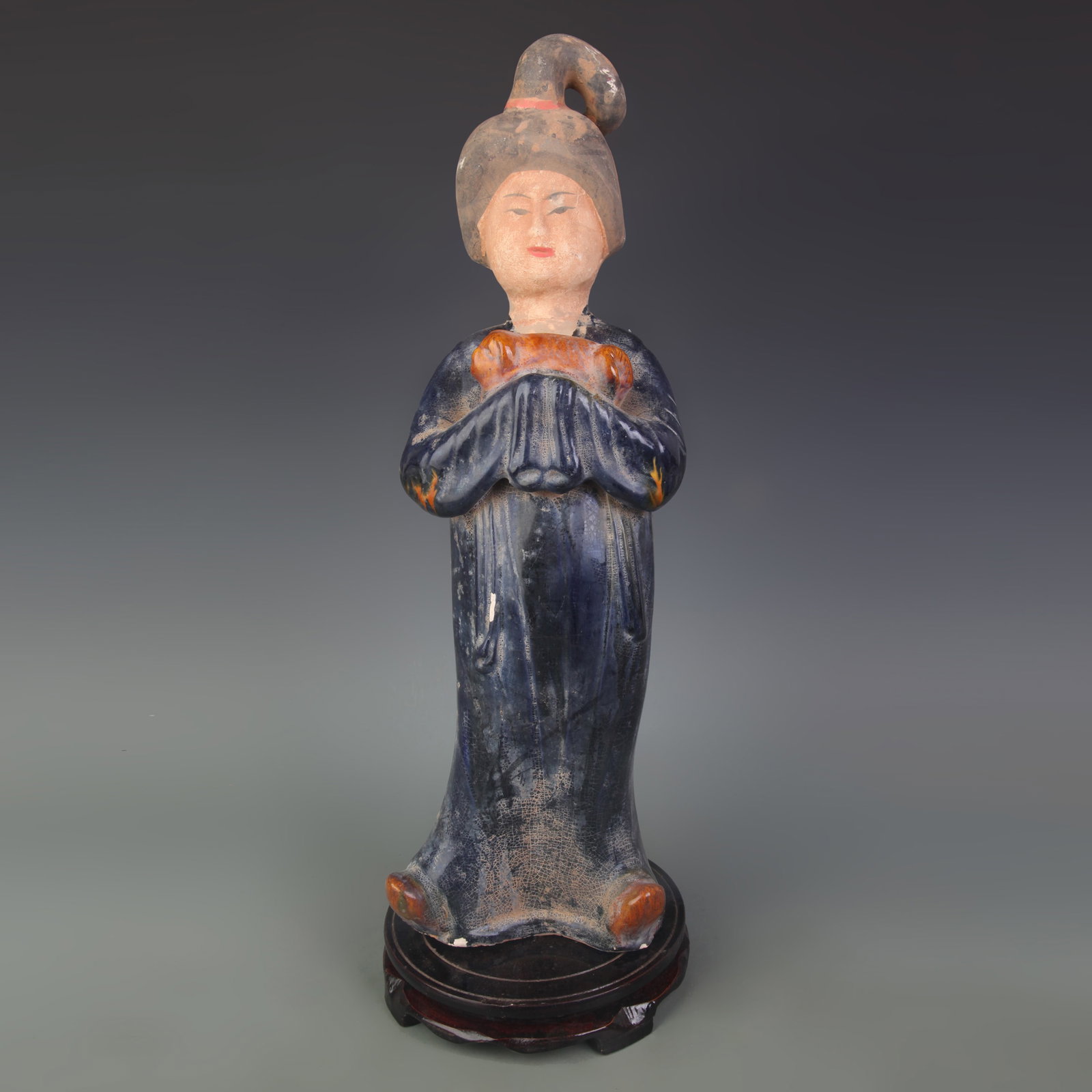 A LARGE SANCAI GLAZED COURT LADY FIGURE: Tang Dynasty Style; High:18.6 inch; Wooden base for picture and display only.