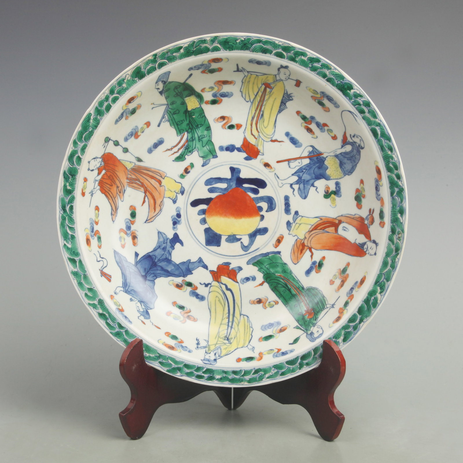 DOUCAI COLOR EIGHT IMMORTAL PATTERN PLATE: Qing DynastyYong Zheng Period, Diameter:13 inch. Wooden base for picture and display only.