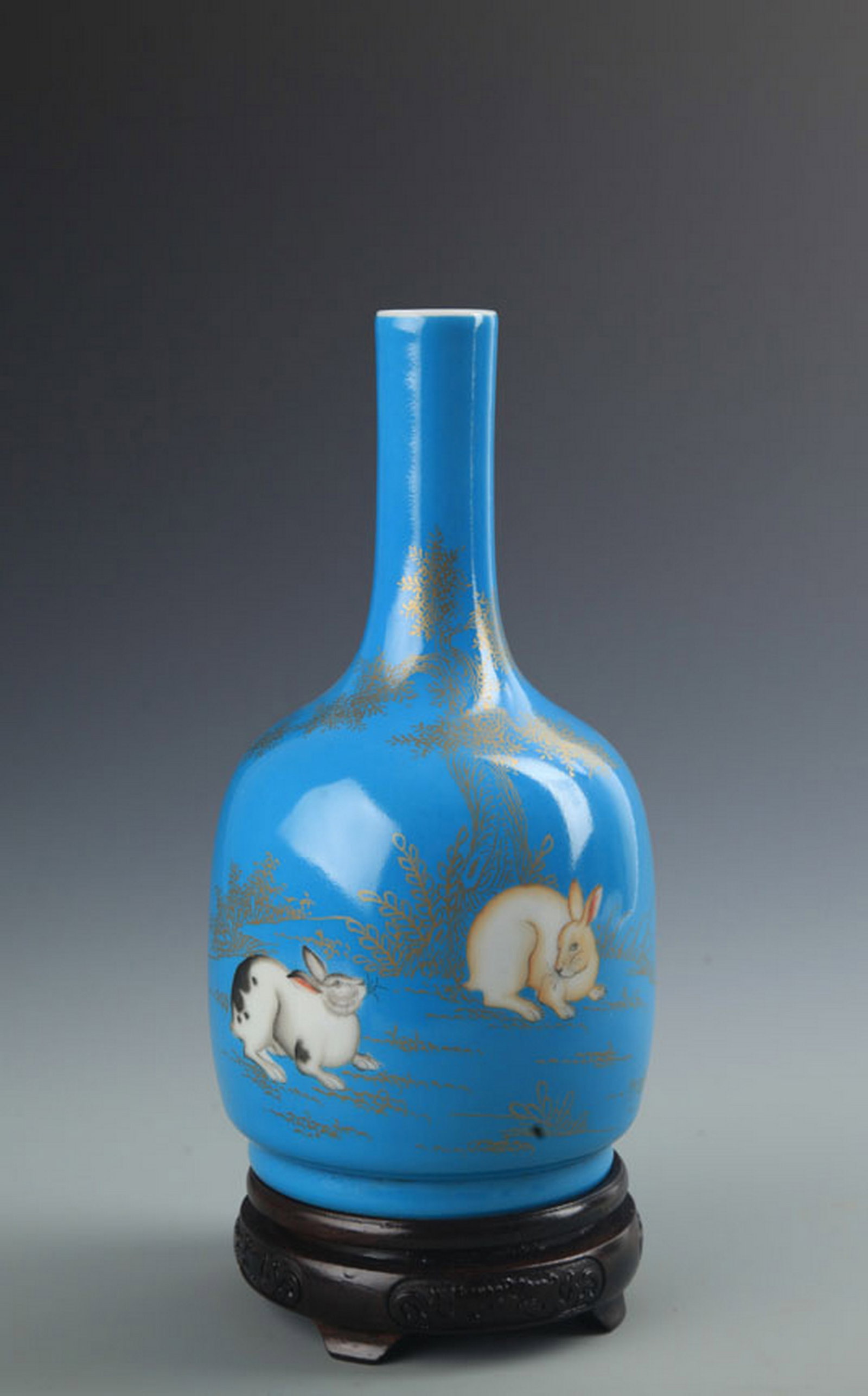 RARE BLUE GLAZED DOUBLE RABBIT BELL SHAPED VASE: Qing Dynasty, High: 9.5 inch; Diameter: 1.5 inch. Wooden base for picture and display only.