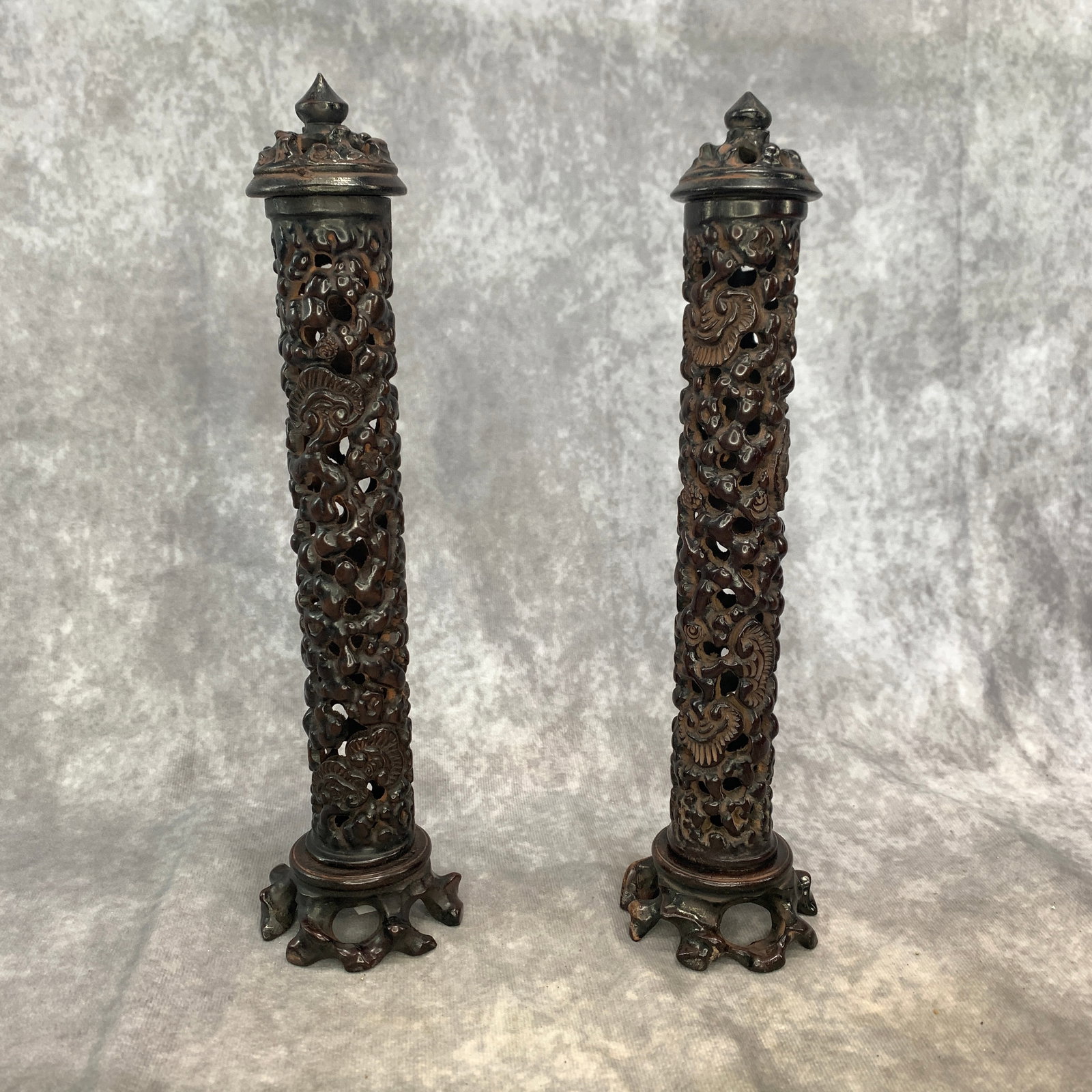 PAIR OF ROSE WOOD MADE FINELY CARVED INCENSE TUBES: Modern; High: 10.7 inch; Diameter: 2.7 inch. Wooden base for picture and display only.