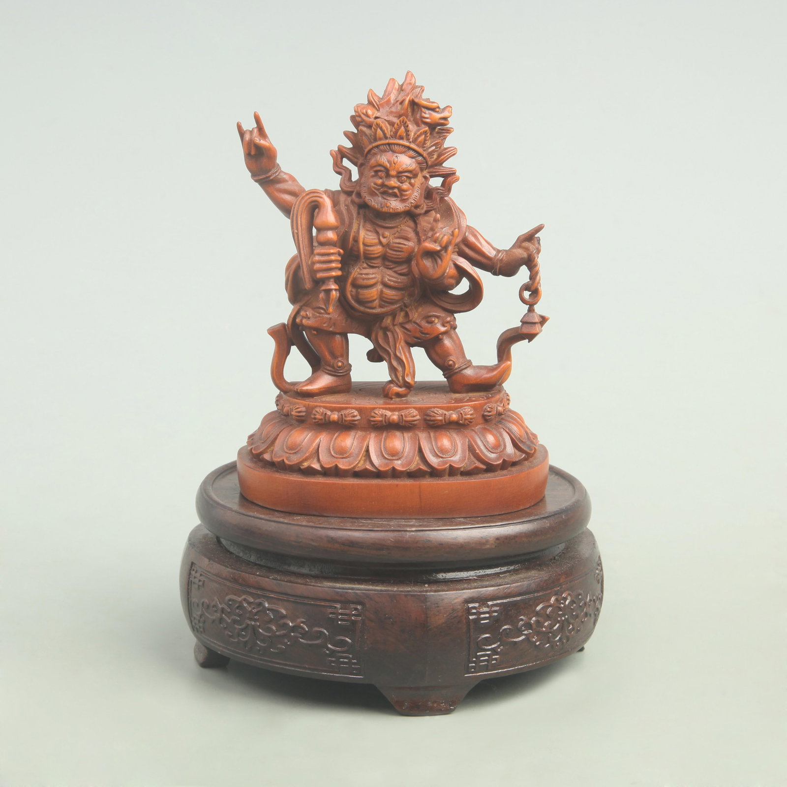 RARE BOXWOOD MADE MAHAKALA STATUE: Qing Dynasty; Long: 4.7 inch; Width: 3.3 inch. Wooden base for picture and display only.