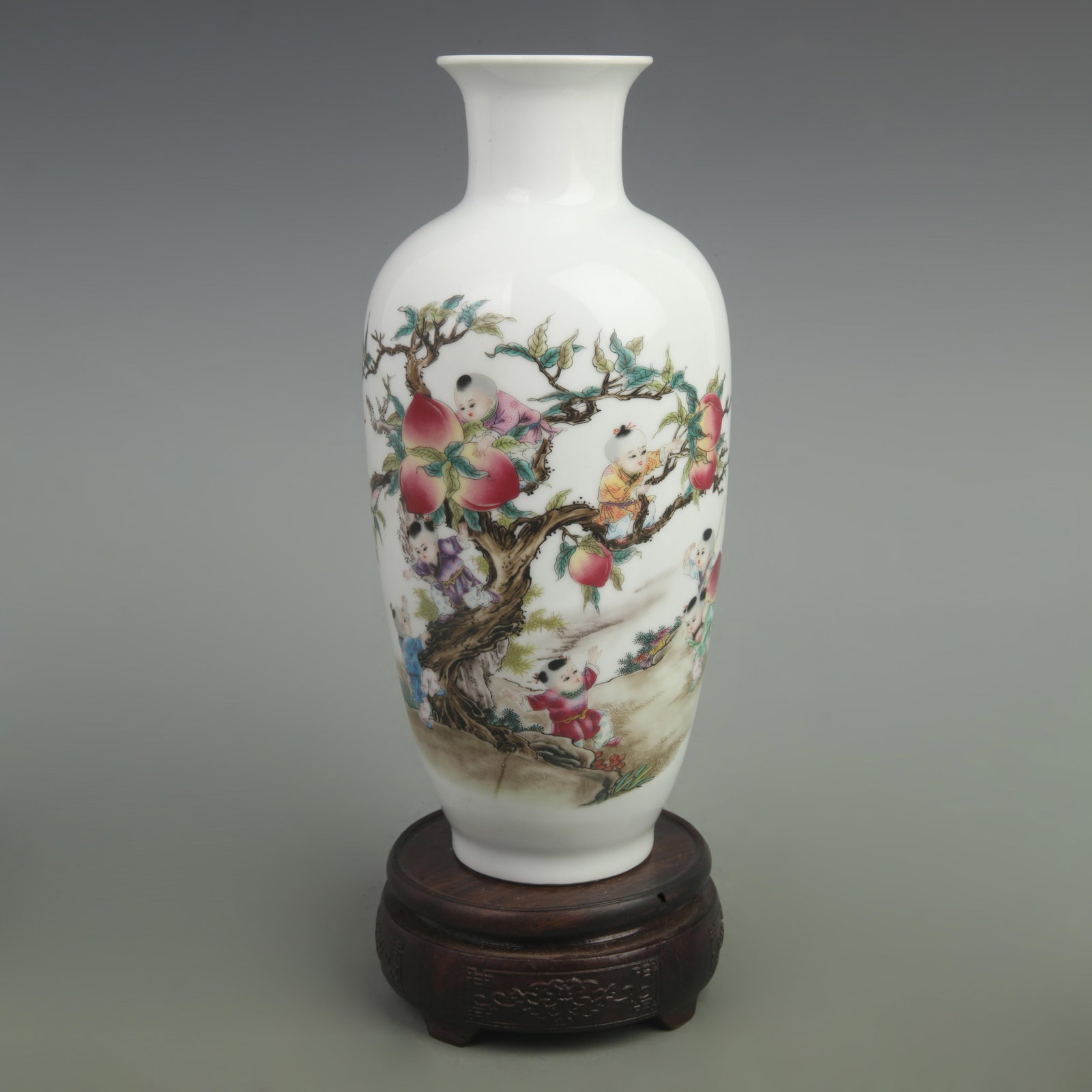FAMILLE-ROSE "NINE BOYS CLIMBING PEACH" WINTER MELON STYLE PORCELAIN VASE (1 of 5)