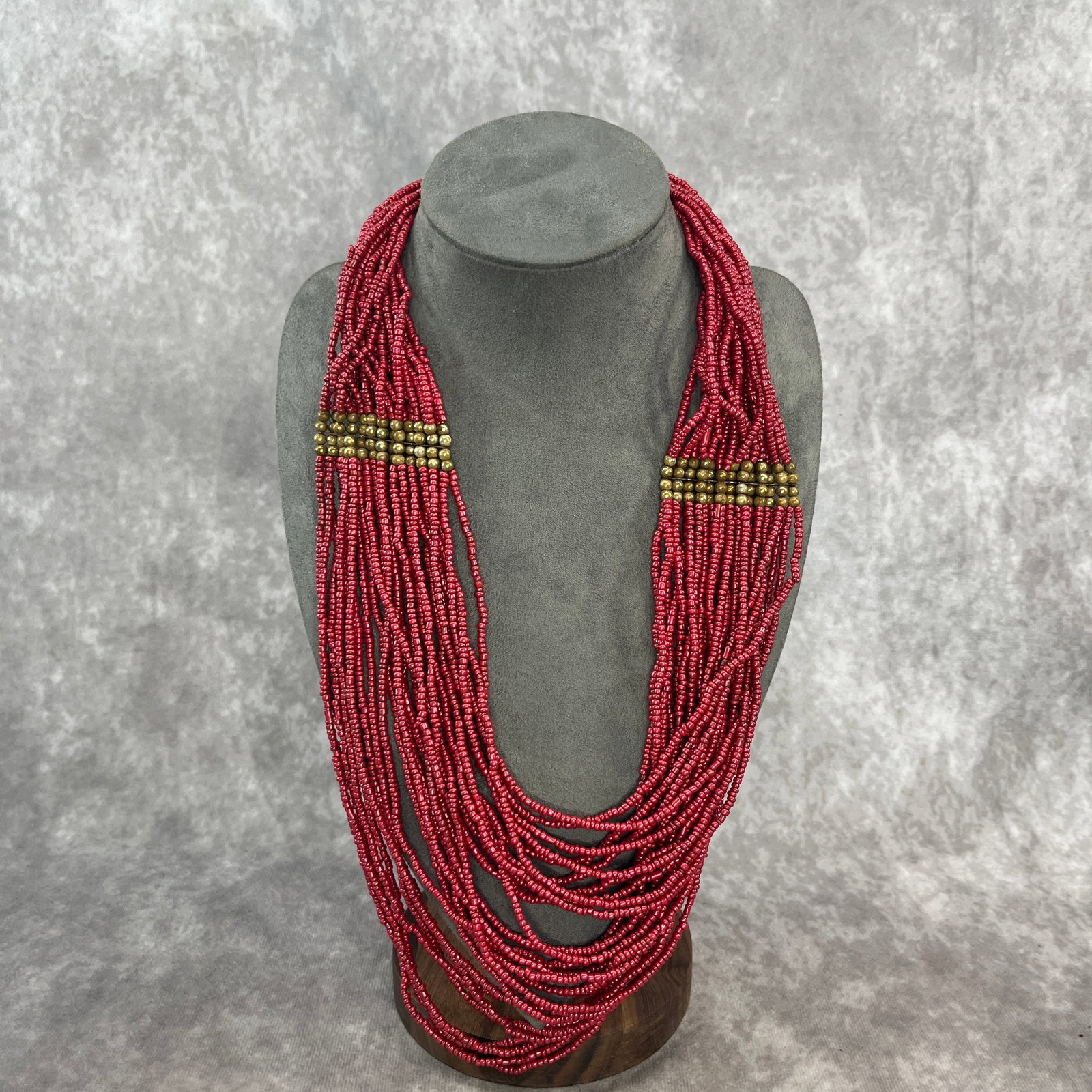 A FINE RED GLASS MADE TIBETAN BUDDHIST NECKLACE: Modern; Long: 16 inch; Width: 1.9 inch.