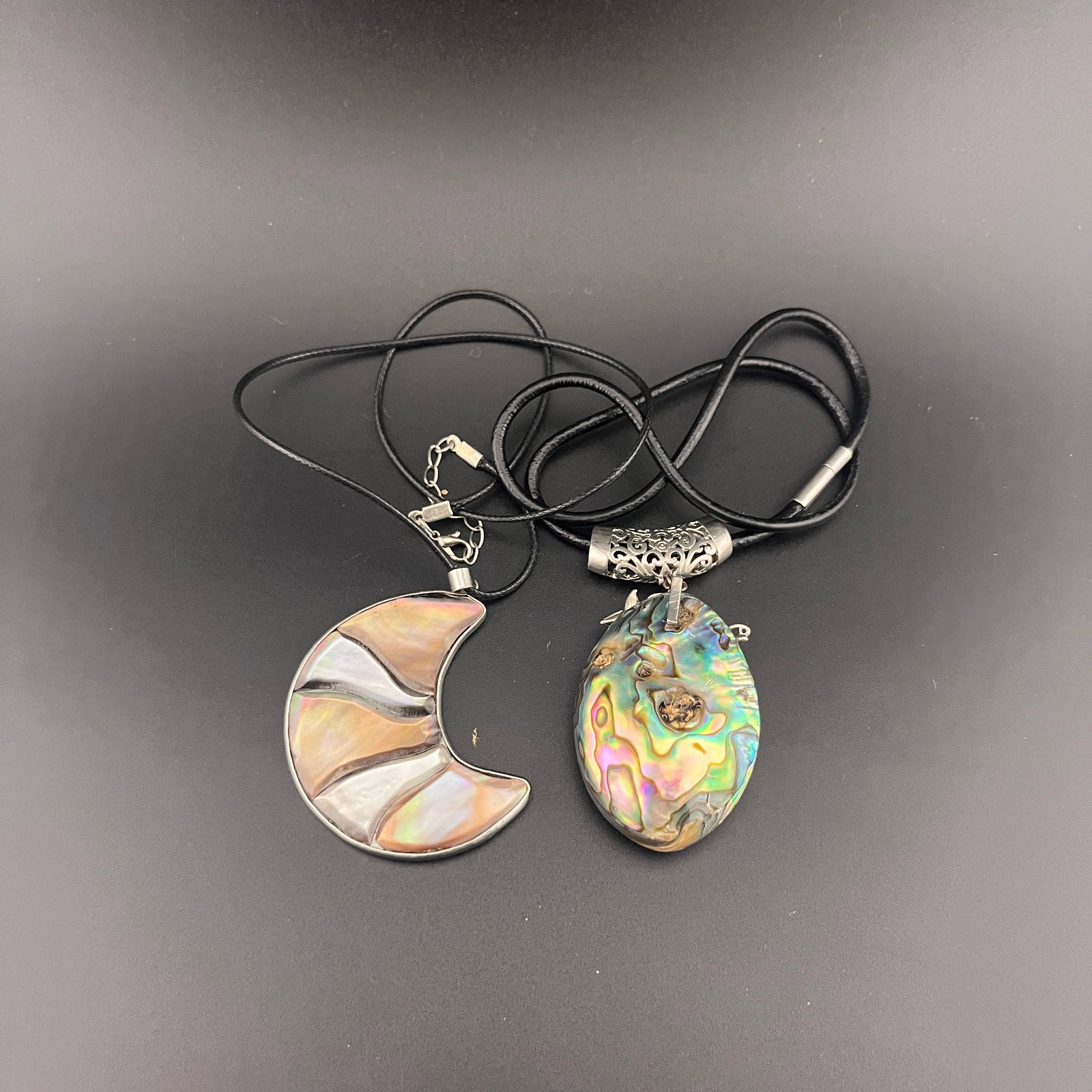 GROUP OF TWO ABALON SHELL MADE MODERN NECKLACE: Modern; Long: 2.8 inch; Width: 1.3 inch; High: 0.65 inch; Long: 2.1 inch; Width: 1.7 inch; High: 0.2 inch