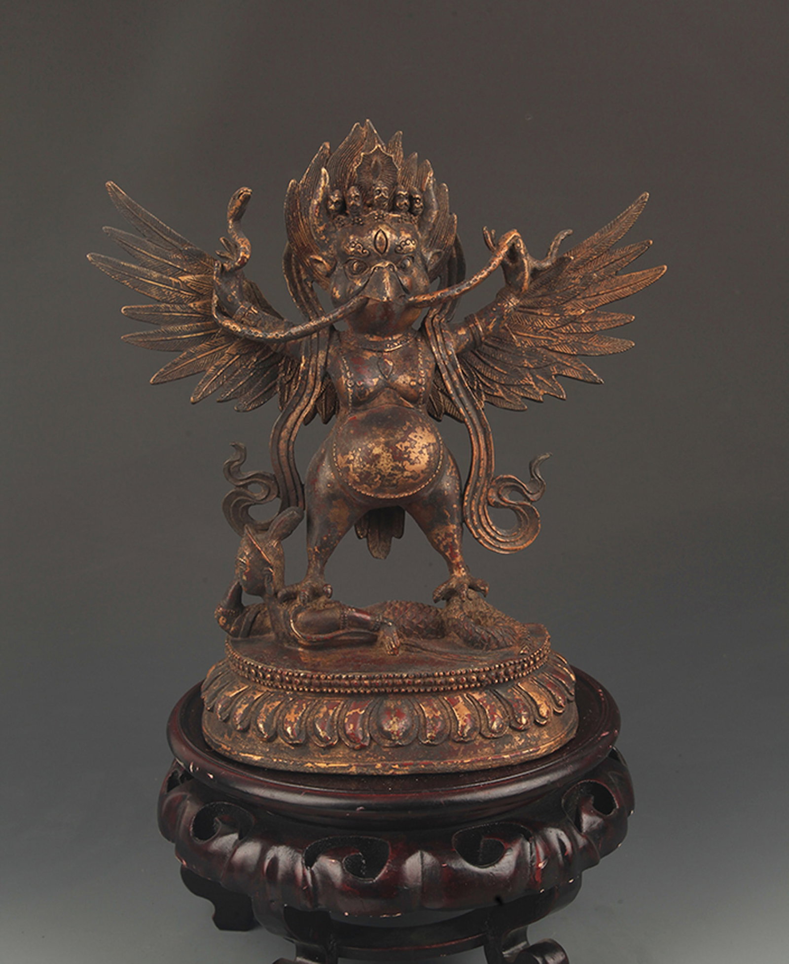 RARE TIBETAN BUDDHISM GARUDA GARUDA FIGURE: 19th Century, High: 11.25 inch; Width: 10.5 inch. Wooden base for picture and display only.