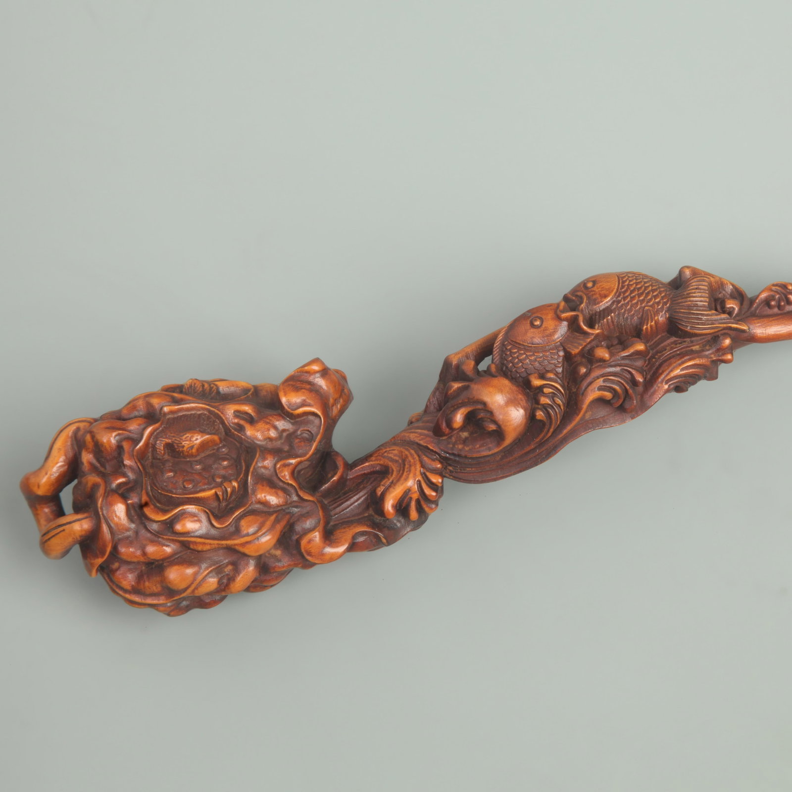 BOXWOOD CARVED LOTUS WITH FISH RUYI ORNAMENT: Qing Dynasty; Long: 7.8 inch; Width:1.7 inch