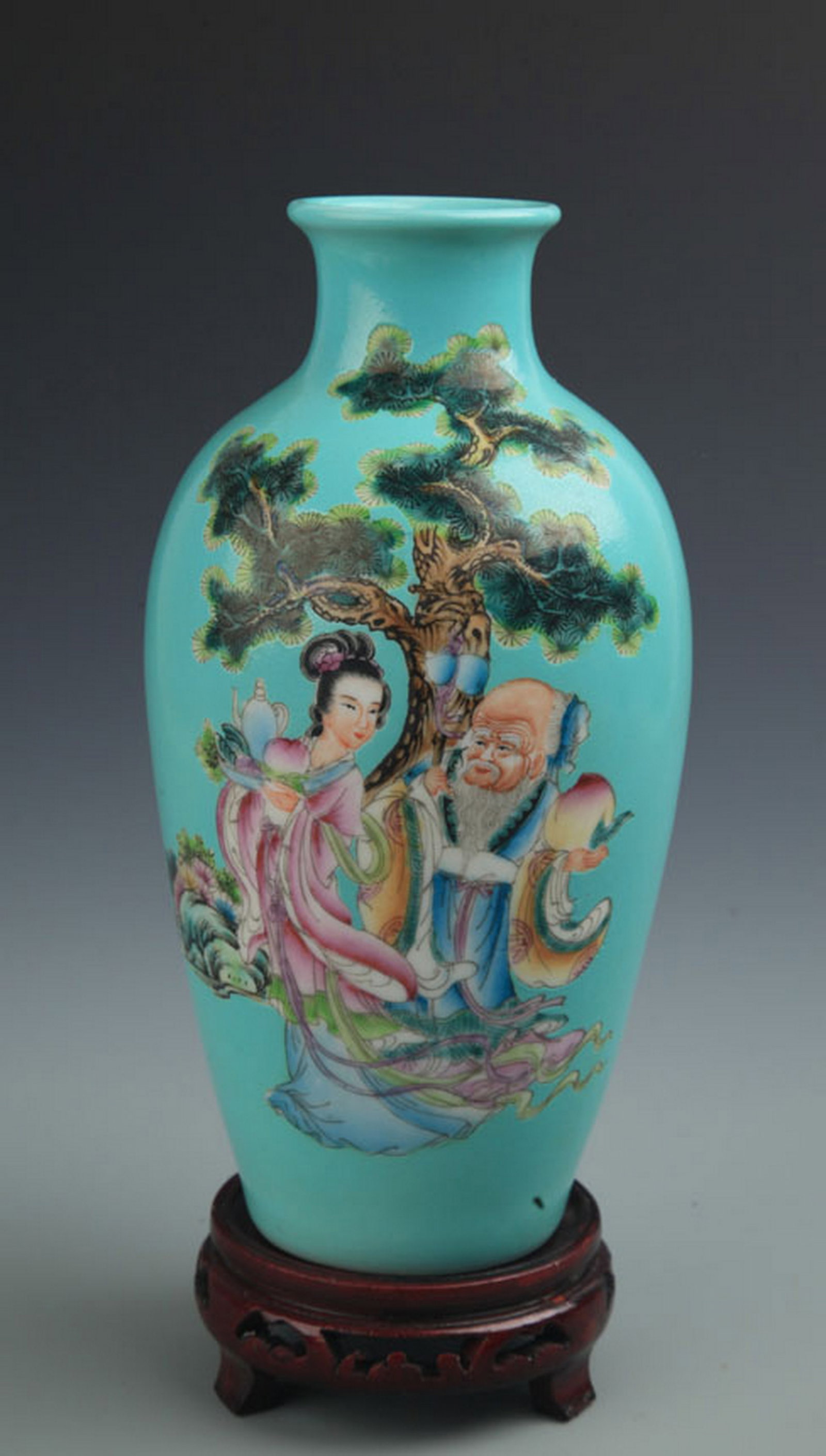 TURQUOISE COLOR FAMILLE ROSE CHARACTER PATTERN VASE (1 of 5)