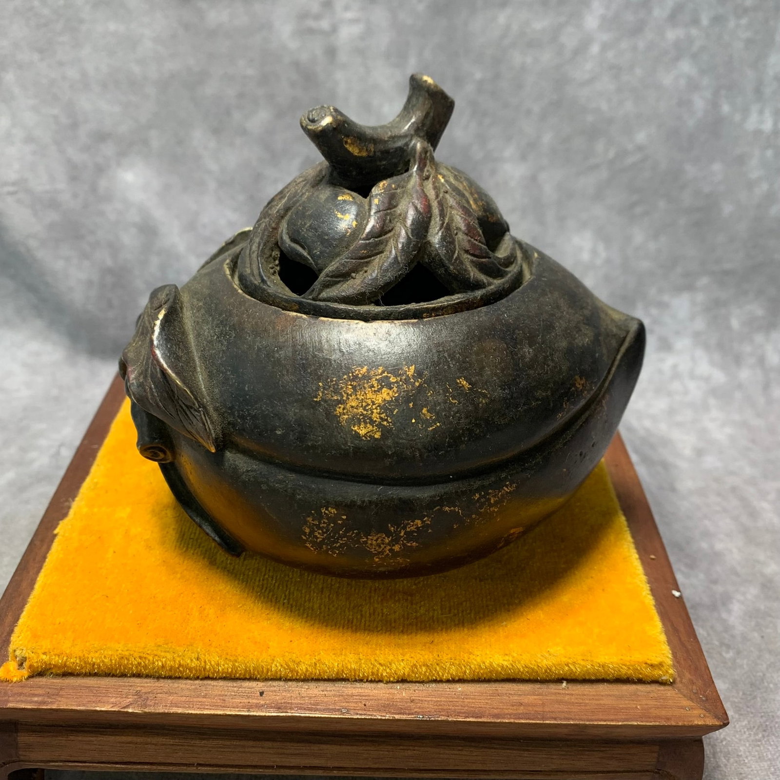 GILDED BRONZE PEACH-SHAPED INCENSE BURNER: Ming Dynasty Style; Long: 5 inch; Width: 4.1 inch; High: 4.3 inch. Wooden base for picture and display only.