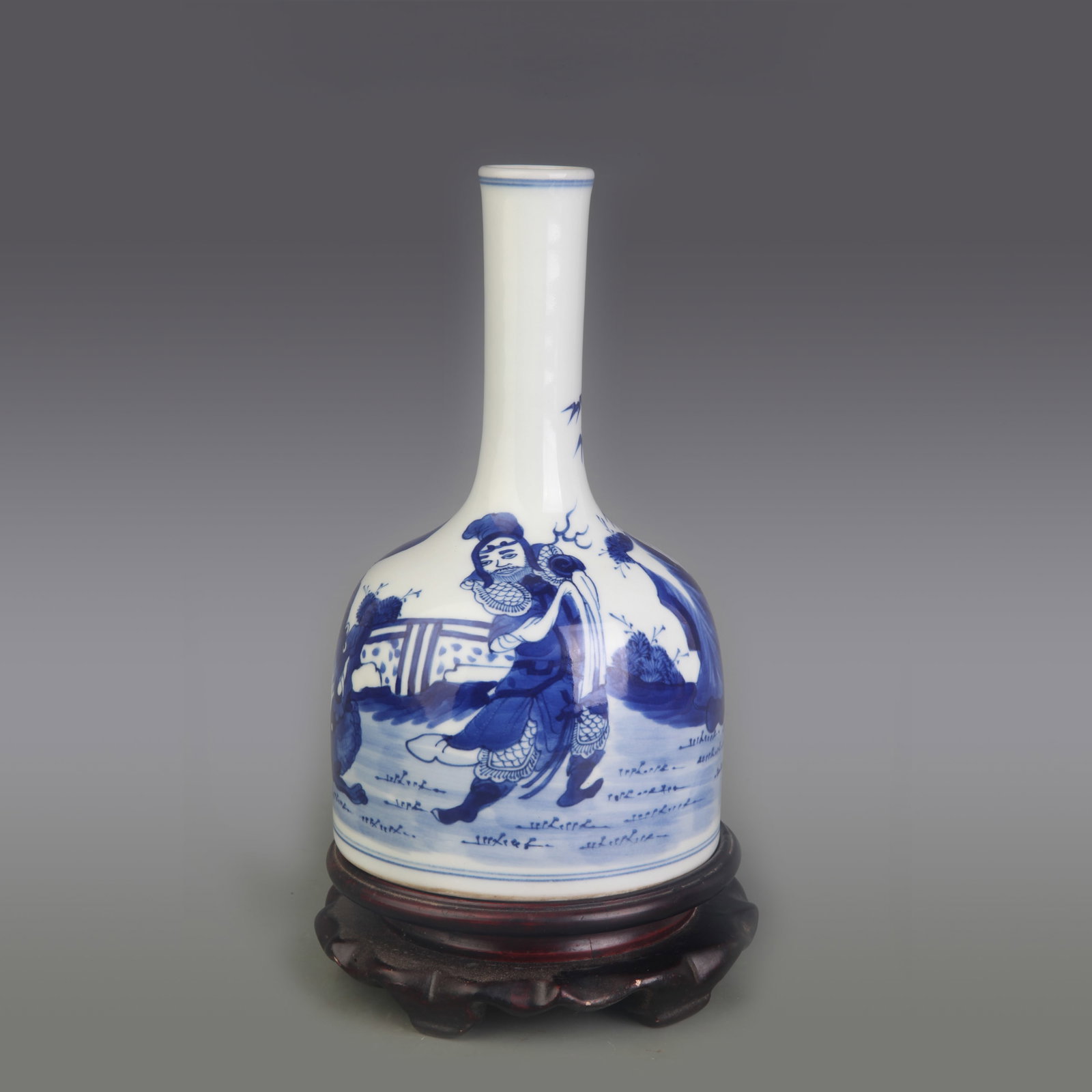 A BLUE AND WHITE YAOLING ZUN WITH FIGURAL DECORATION: Qing Dynasty; Diameter: 4.5 inch; High: 7.9 inch; Wooden base for picture and display only.