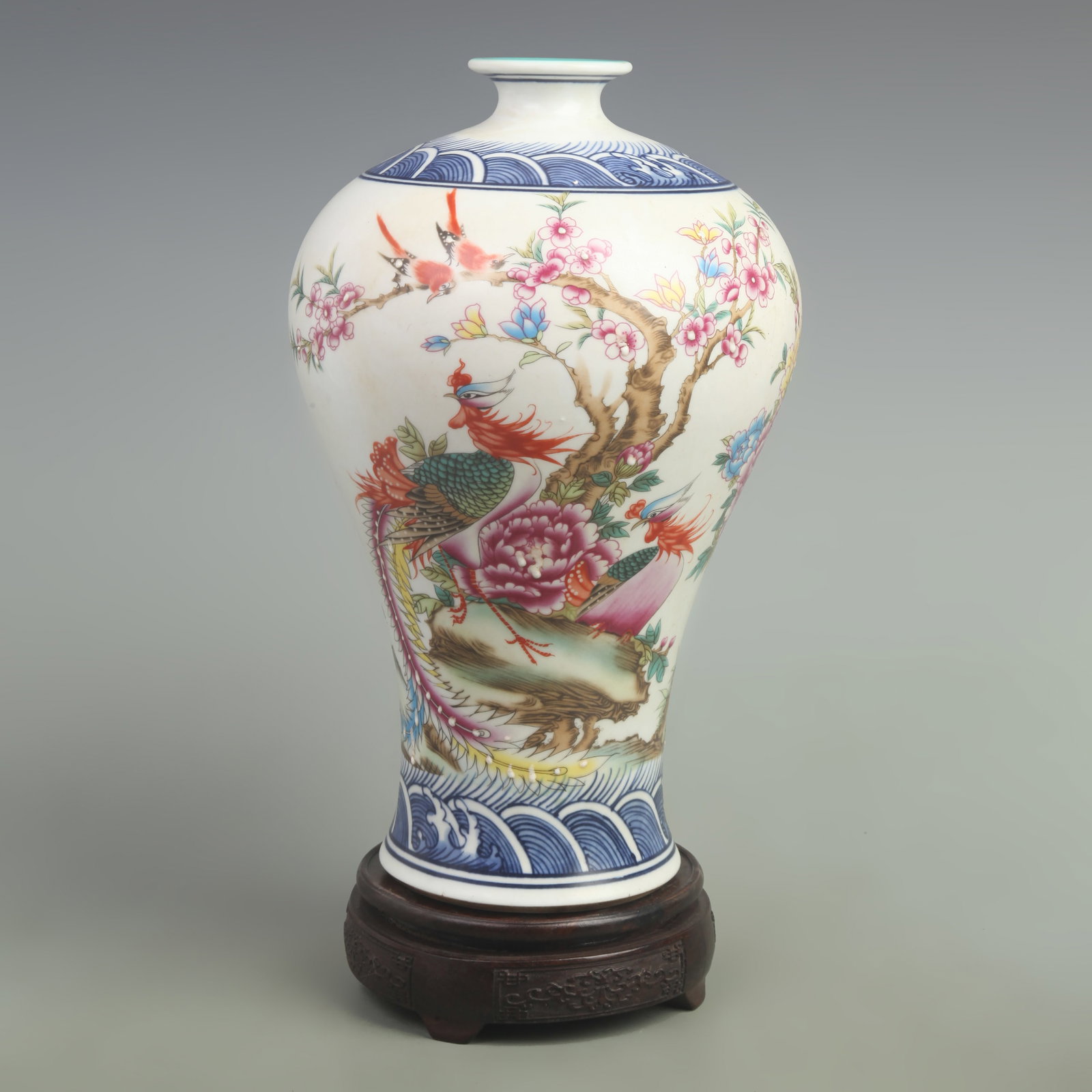 A FAMILLE ROSE MEIPING VASE WITH “WELCOMING THE MOON?? SCENE ON UNDERGLAZE BLUE GROUND: Qing Dynasty Yong Zheng Period: High: 12.5 inch; Width: 8.5 inch; Wooden base for picture and display only.