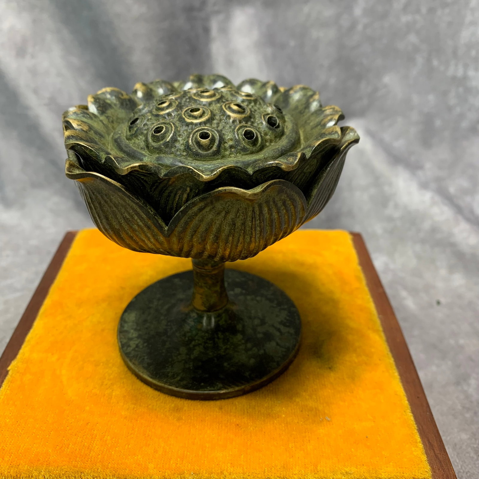 SUNFLOWER DESIGN BRONZE LOTUS-SHAPED INCENSE BURNER: Qing Dynasty; High: 3.7 inch; D; 3.8 inch. Wooden base for picture and display only.