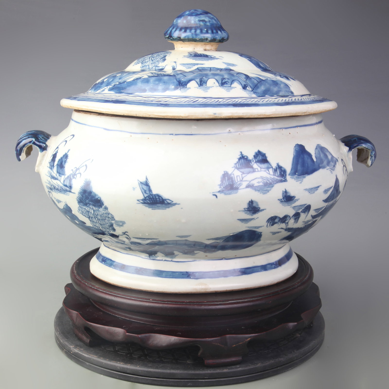 BLUE-AND-WHITE LANDSCAPE PATTERN DOUBLE-EARED LARGE JAR - 2