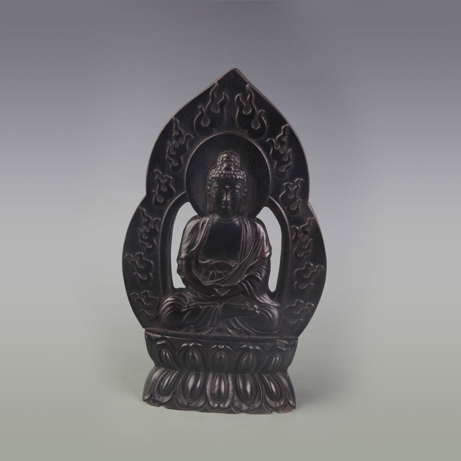 ZITAN WOOD CARVED SHAKYAMUNI BUDDHA STATUE: 20th Century; Width: 6.0 inch; High: 9.8 inch; Wooden base for picture and display only.
