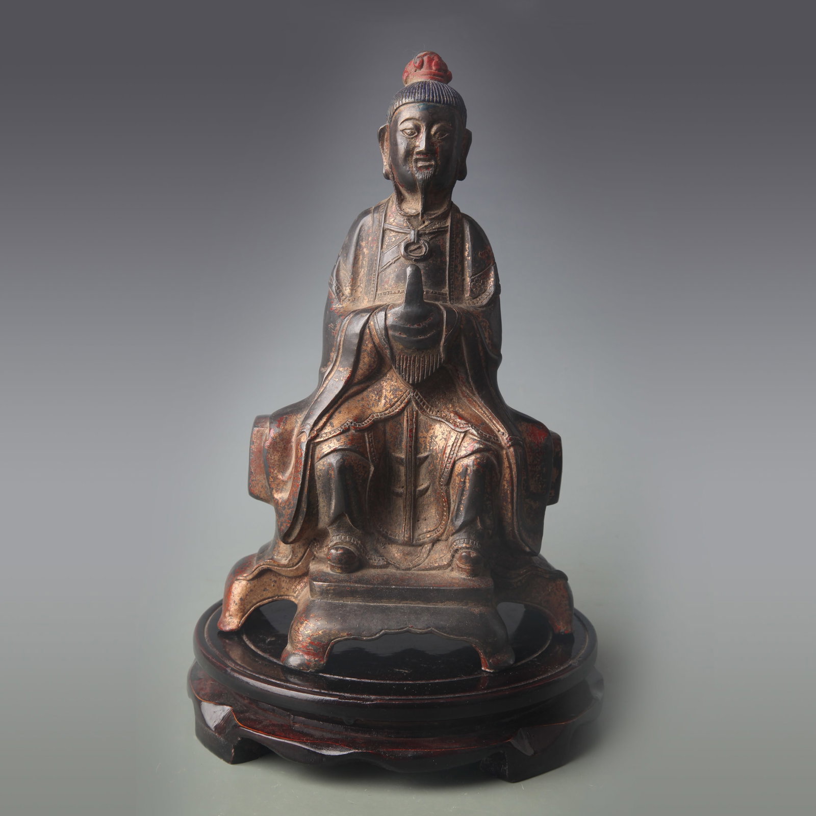 FINE BRONZE TAOIST FIGURE OF WENCHANG DIJUN: 19th Century; Width: 5.3 inch; High: 8.8 inch; Wooden base for picture and display only.