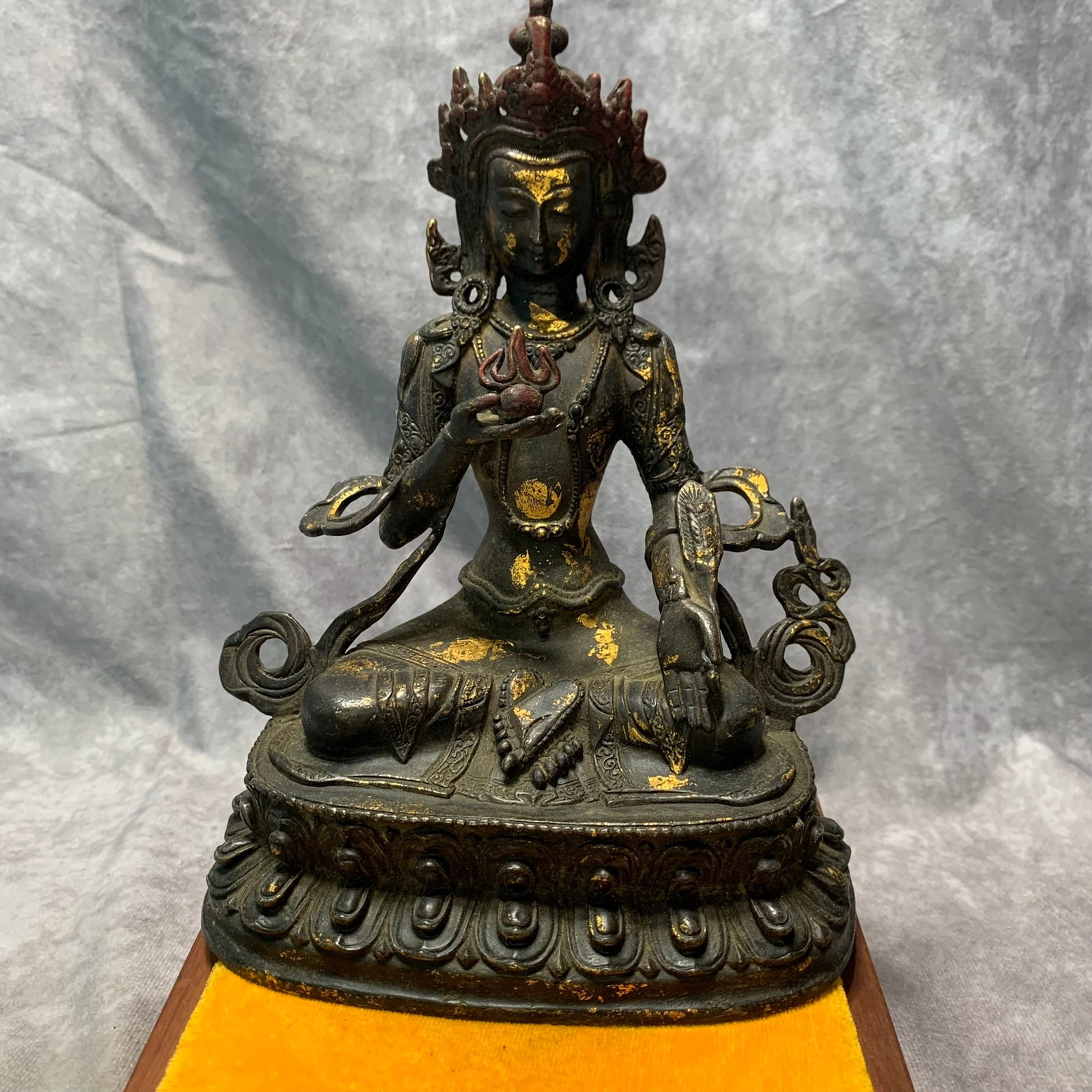 A FINE BRONZE TIBETAN VAJRASATTVA FIGURE: Qing Dynasty; Long: 6.3 inch; H; 8.4 inch. Wooden base for picture and display only.