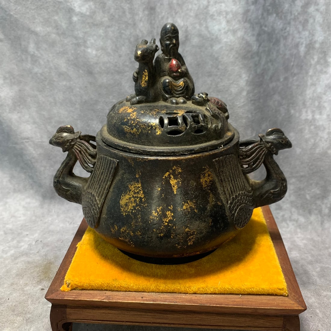 GILT-BRONZE CENSER WITH PHOENIX-HEAD HANDLES AND FIGURAL FINIAL, BEARING A PRIVATE MARK (1 of 6)