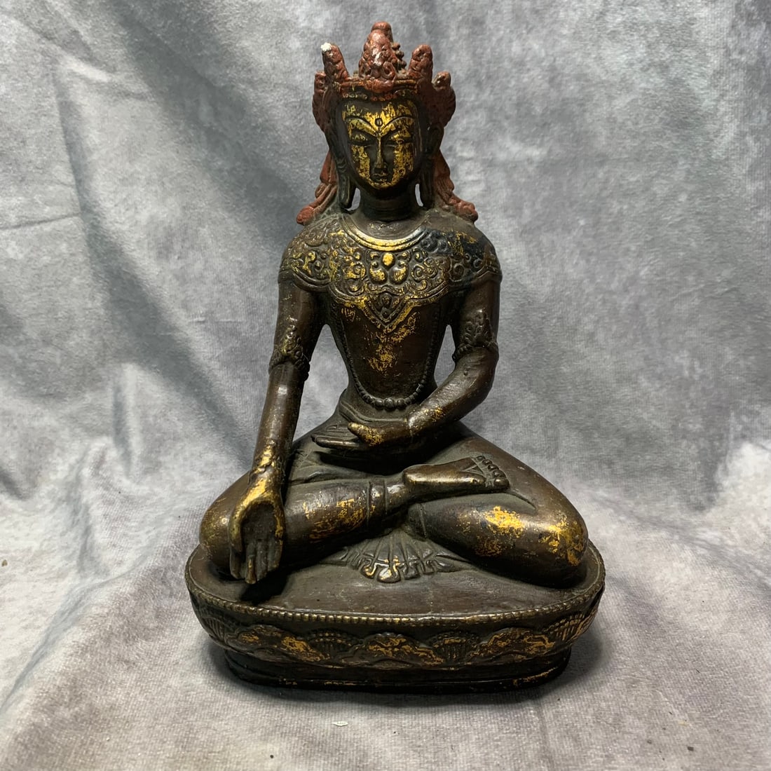 GILT BRONZE TIBETAN BUDDHIST STATUE OF VAJRAPANI BODHISATTVA: Qing Dynasty; Long: 5.6 inch; Width: 3.4 inch; High: 8.7 inch. Wooden base for picture and display only.