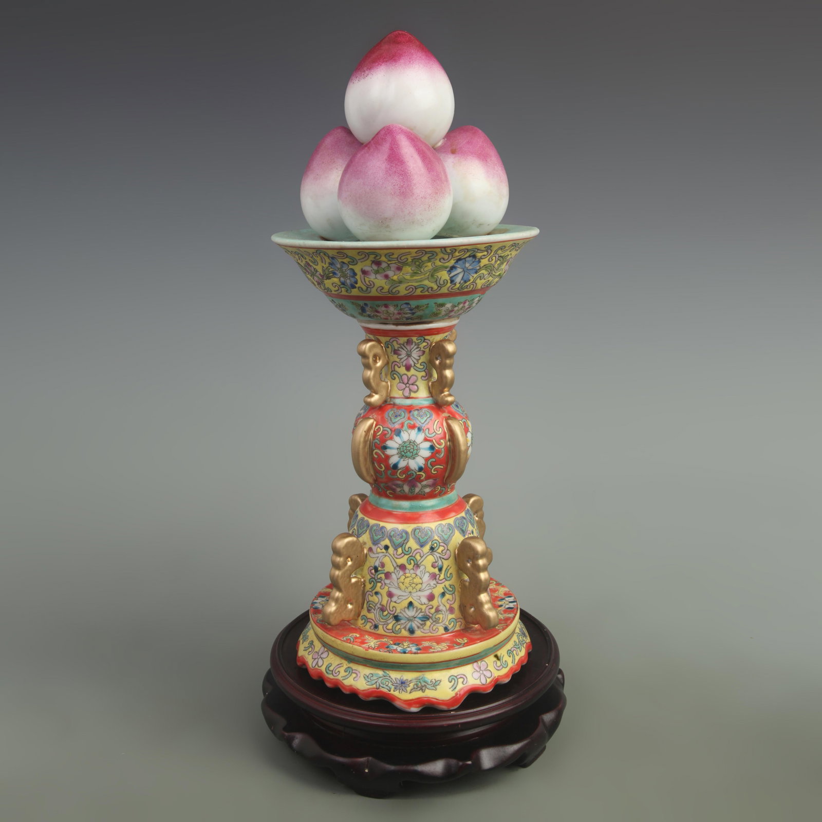FAMILLE ROSE YELLOW GROUND FLOWER PATTERN PEACH DECORATION: Qing Dynasty Qian Long Period; High: 15.8 inch High: 6.8 inch; Wooden base for picture and display only.