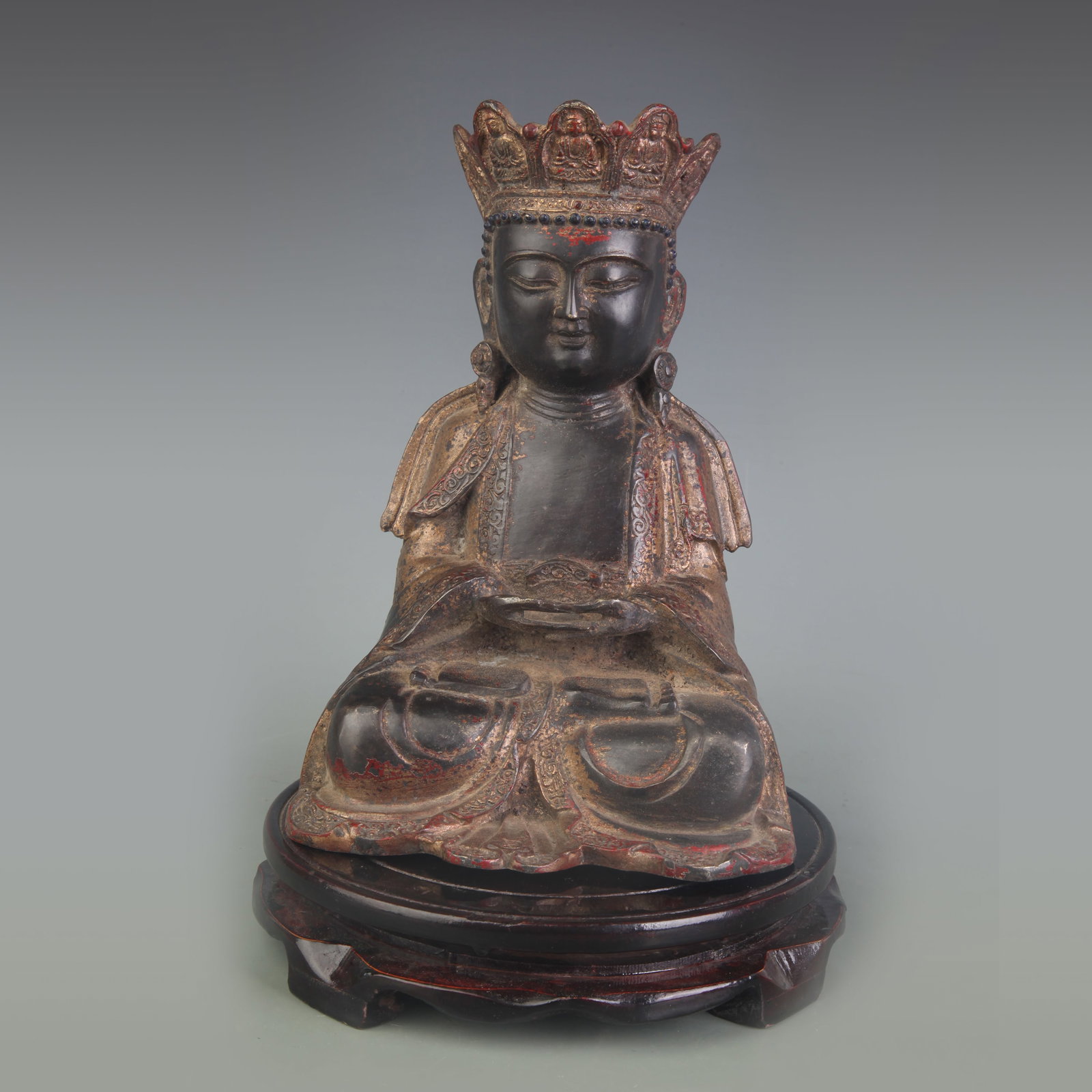 BRONZE FIGURE OF SHAKYAMUNI BUDDHA: 19th Century; Width: 5.8 inch; High: 8.2 inch; Wooden base for picture and display only.