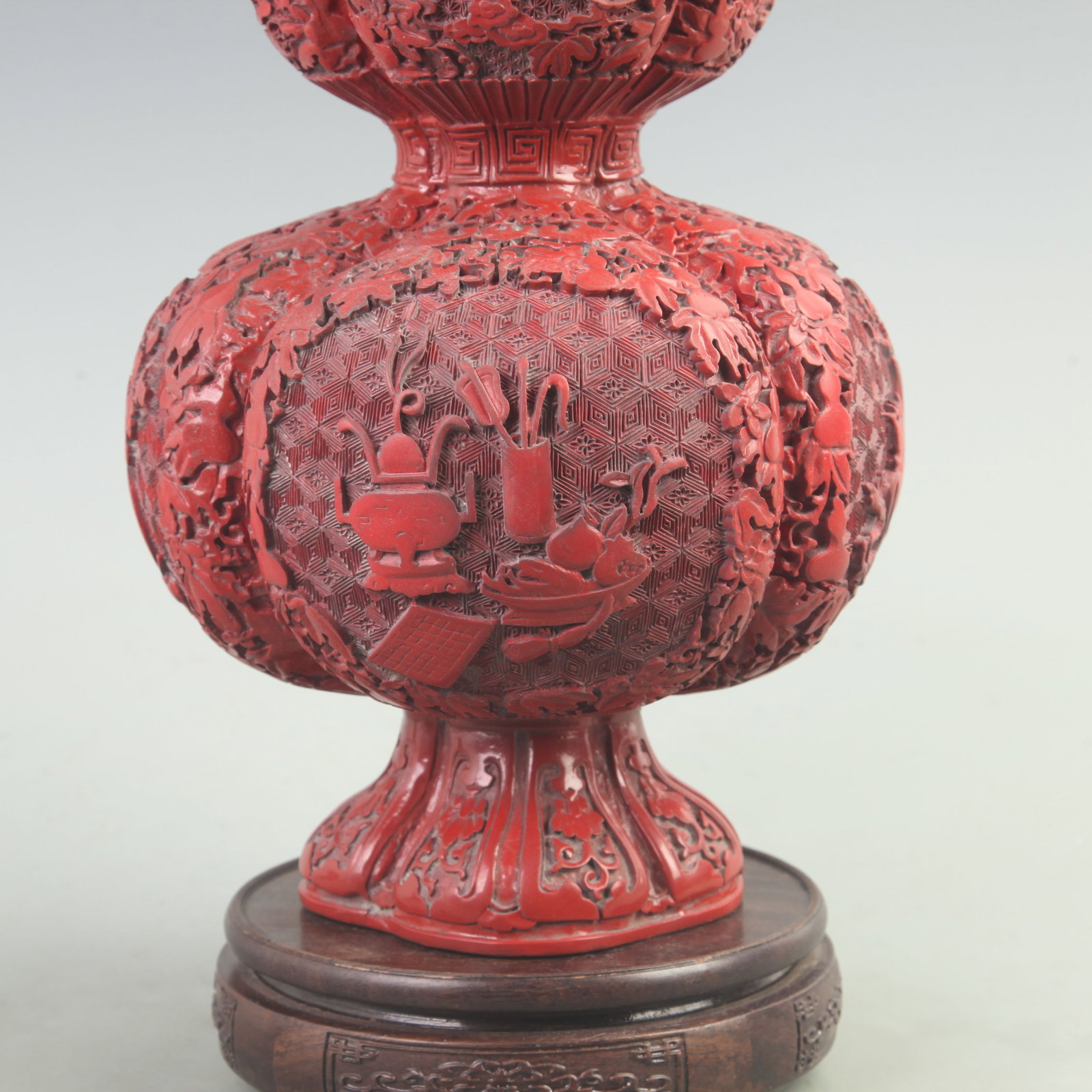 RARE RED CARVED LACQUER FLOWER CARVING CALABASH SHAPED BOTTLE - 3