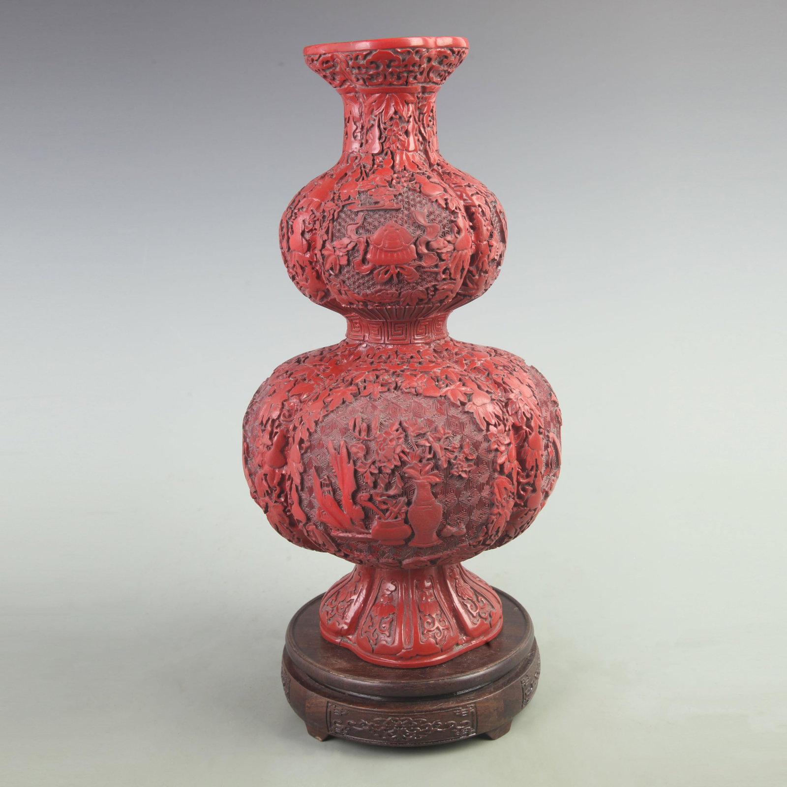 RARE RED CARVED LACQUER FLOWER CARVING CALABASH SHAPED BOTTLE - 4