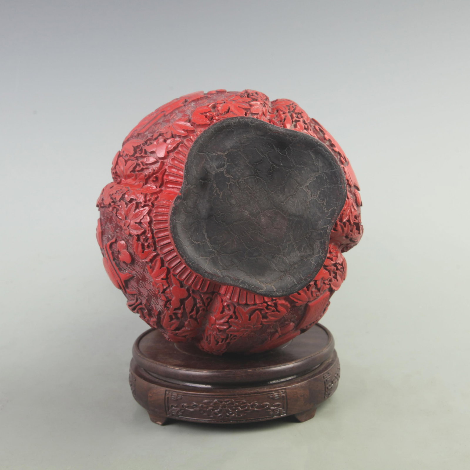RARE RED CARVED LACQUER FLOWER CARVING CALABASH SHAPED BOTTLE - 5