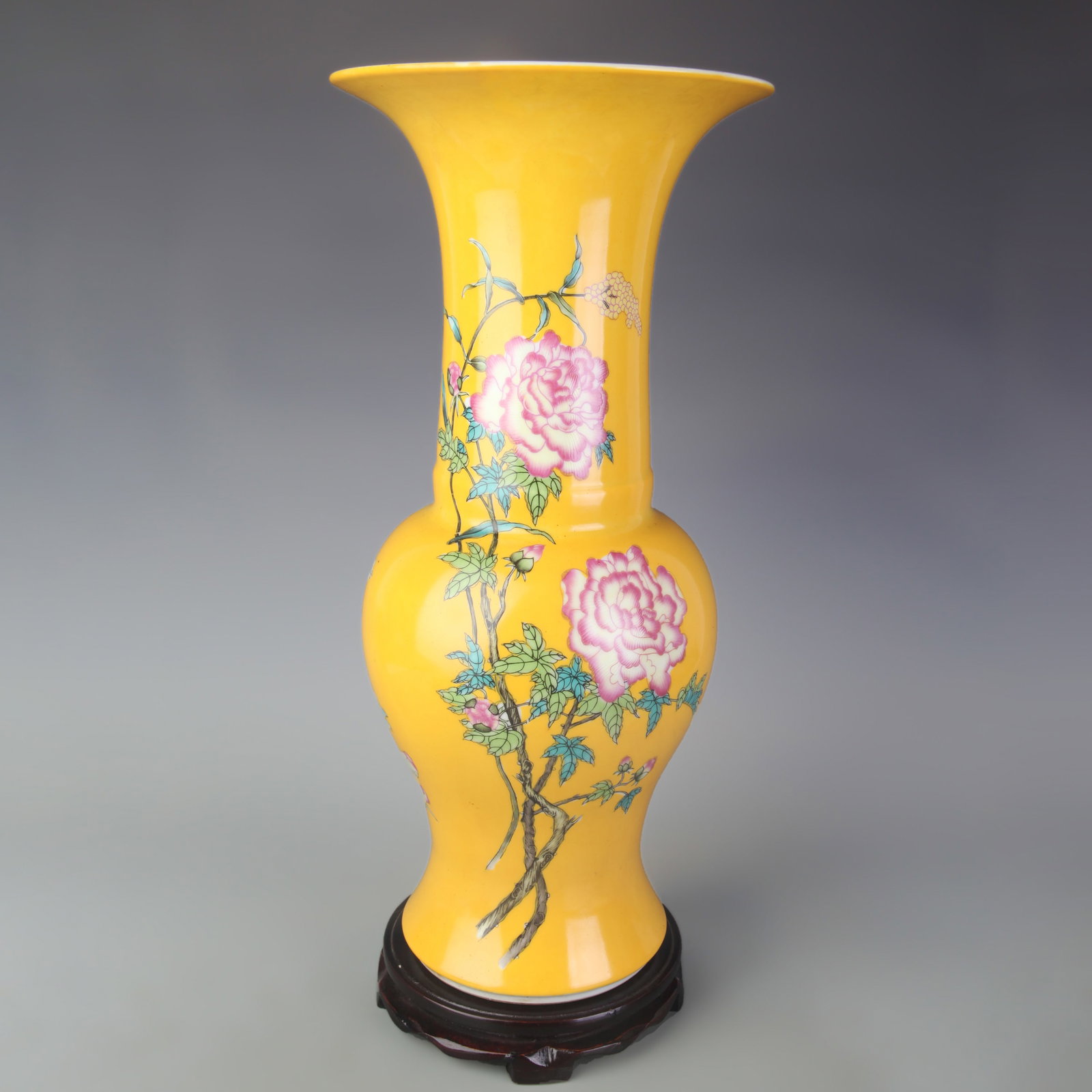 FAMILLE ROSE YELLOW GROUND FLOWER AND BIRD PATTERN FLOWER VASE: Qing Dynasty Yong Zheng Period; High: 18.5 inch; Wooden base for picture and display only.
