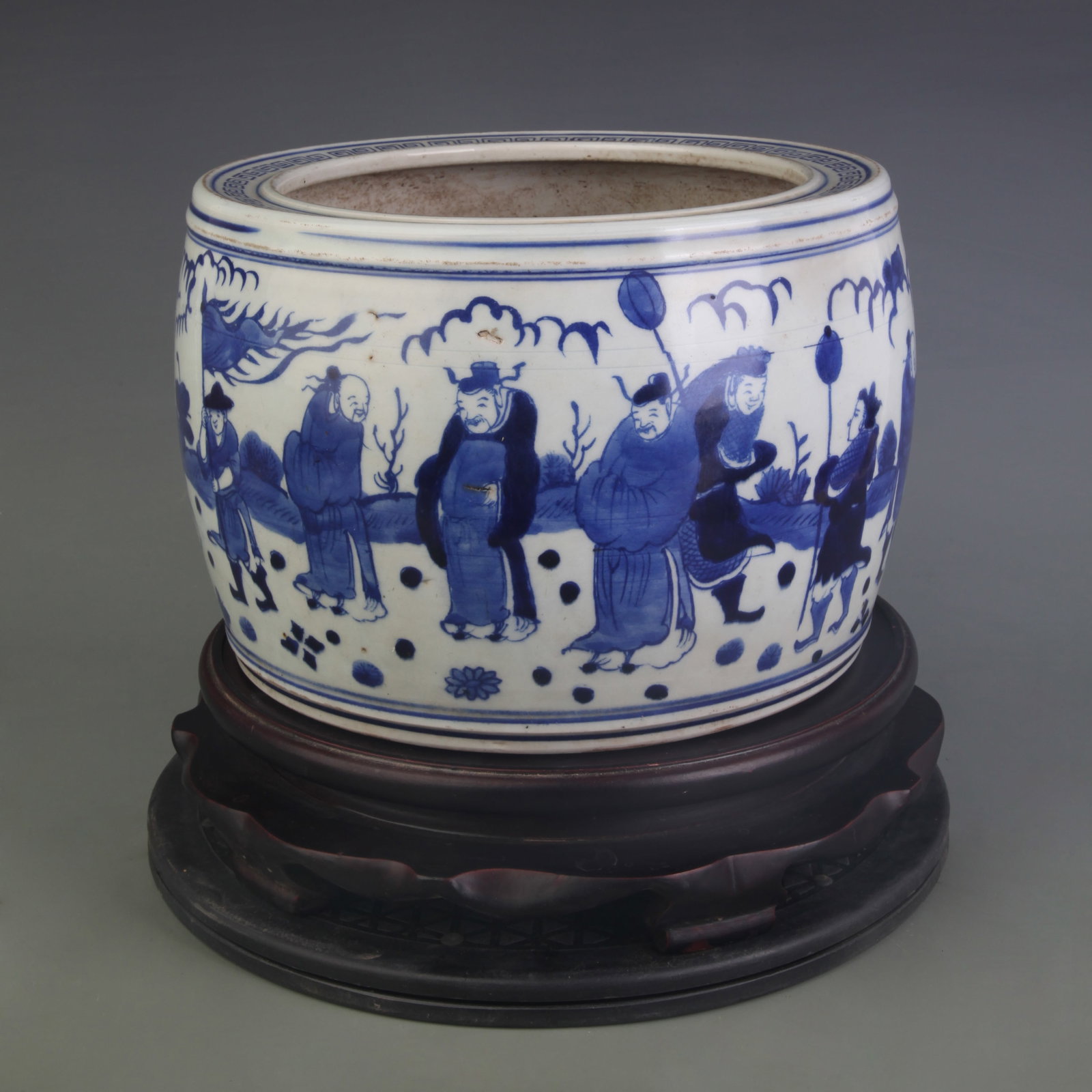 BLUE AND WHITE CYLINDRICAL JAR WITH FIGURE MOTIFS (1 of 6)