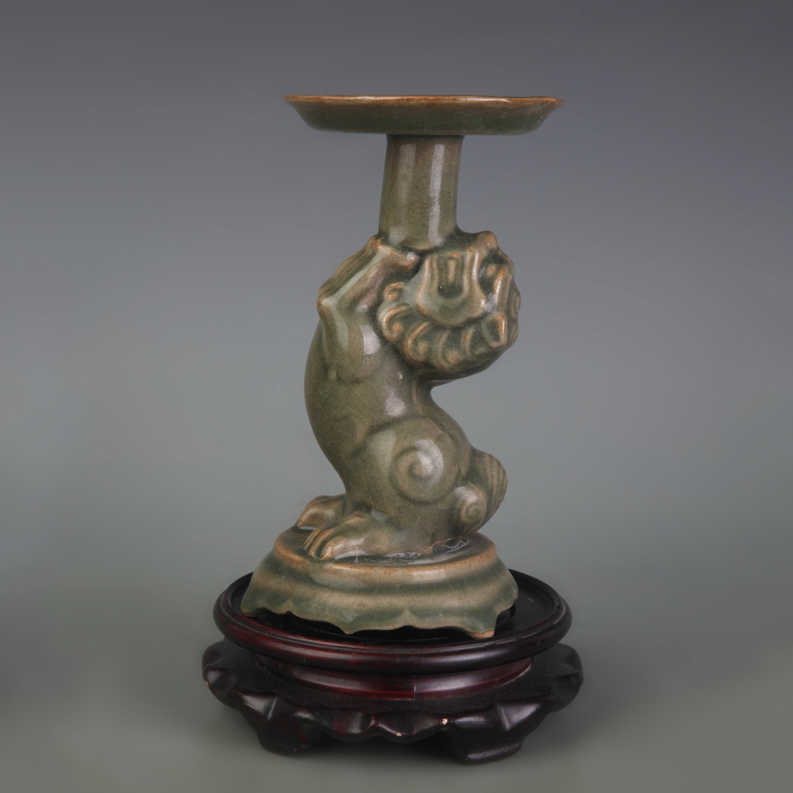 CELADON COLOR GLAZED LION-FORM OLD PORCELAIN OIL LAMP (1 of 5)