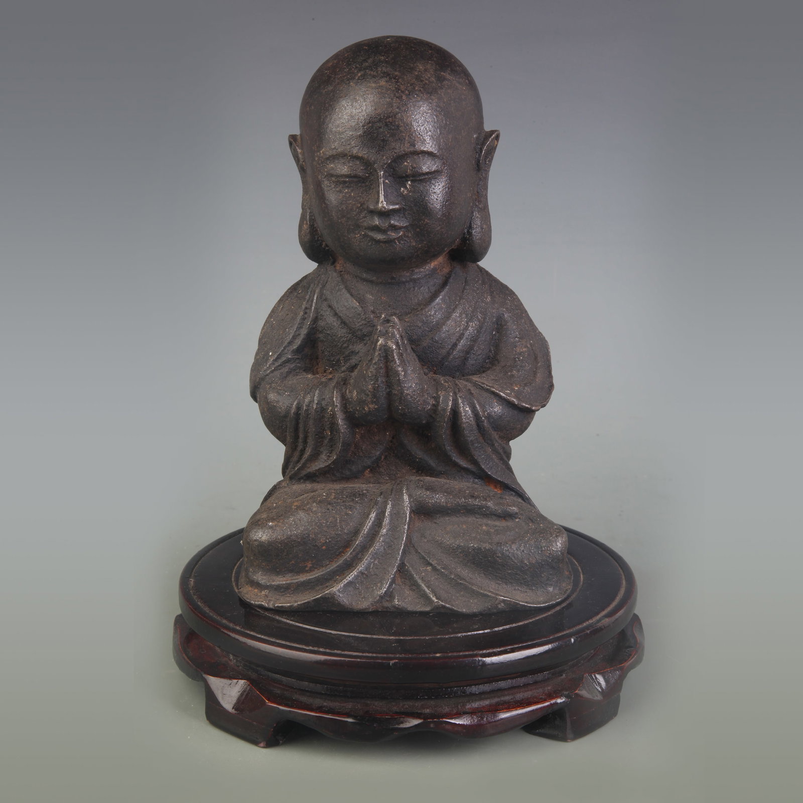 A BRONZE FIGURE OF SHAKYAMUNI BUDDHA: 19th Century; Width: 5.0 inch; High: 7.9 inch; Wooden base for picture and display only.