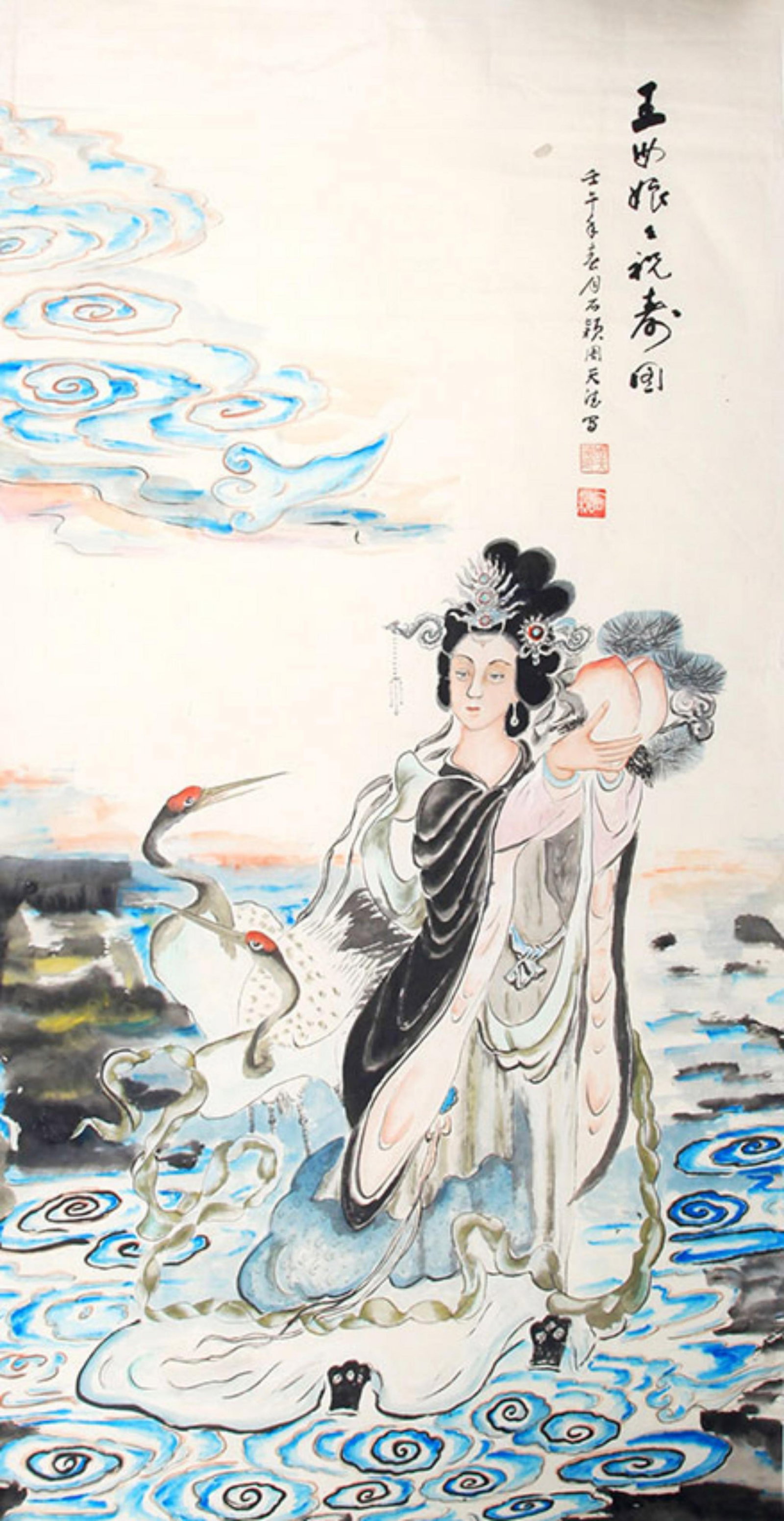 CHINESE PAINTING ATTRIBUTED TO ZHOU TIANDE: Contemporary; High: 56.5 inch; Width: 26.5 inch; Wooden base for picture and display only.