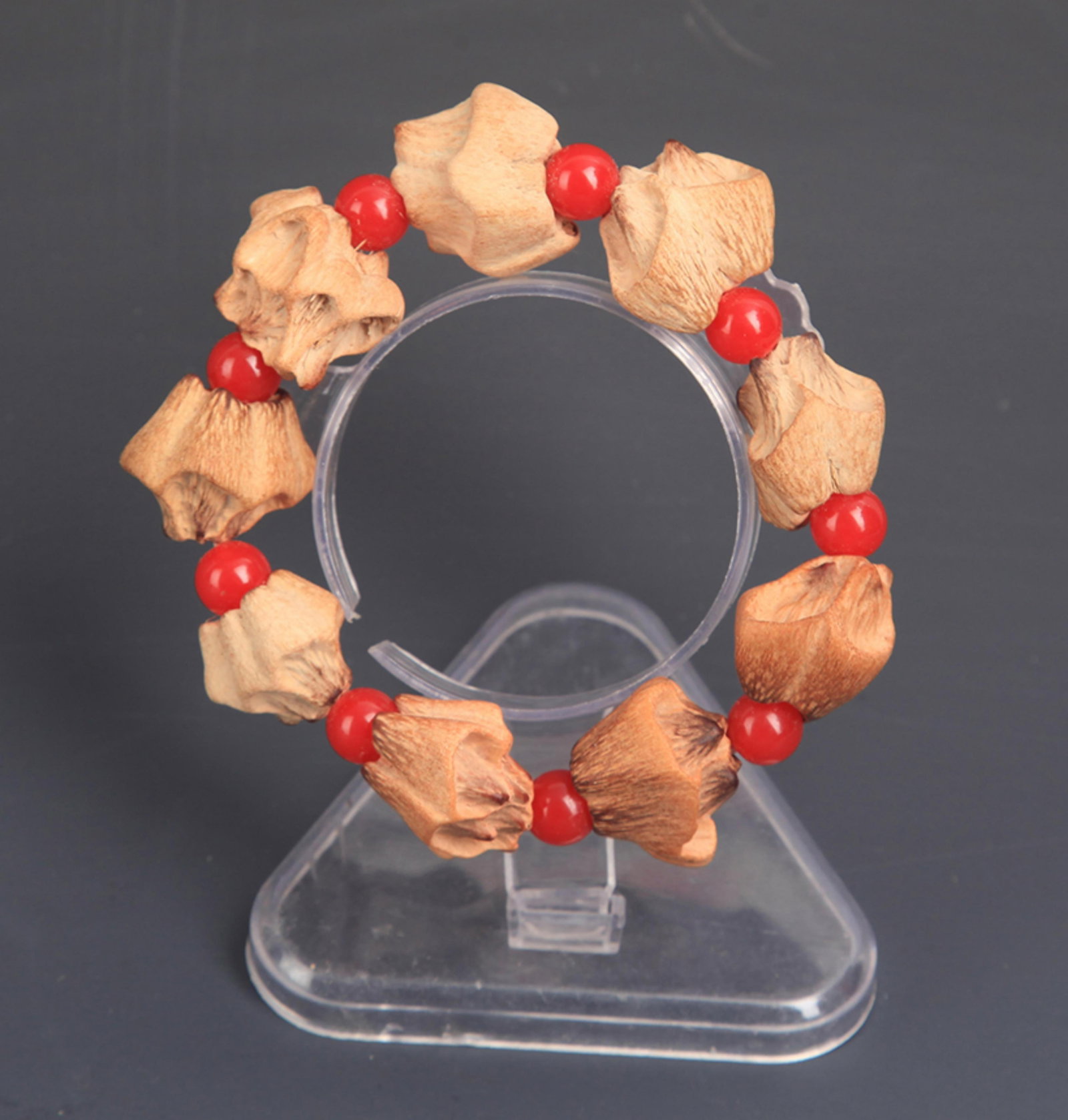 GOLDENBERRY SEED MADE BUDDHIST PRAYER BRACELET: Modern; Each Beads:1.0 inch. Wooden base for picture and display only.
