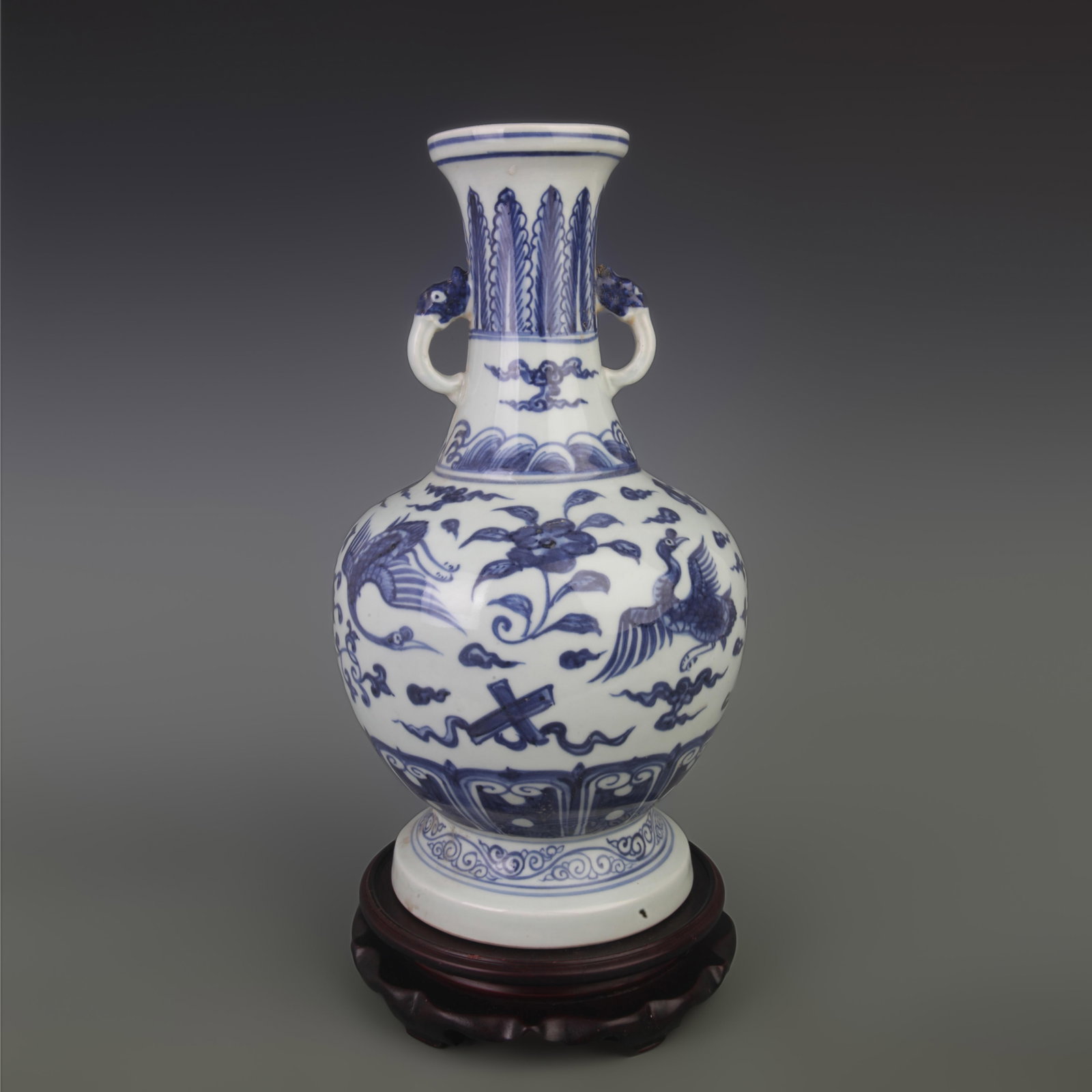 BLUE AND WHITE FLOWER AND BIRD PATTERN PORCELAIN VASE: Ming Dynasty Style, Diameter: 7.5 inch; High: 14.8 inch. Wooden base for picture and display only.
