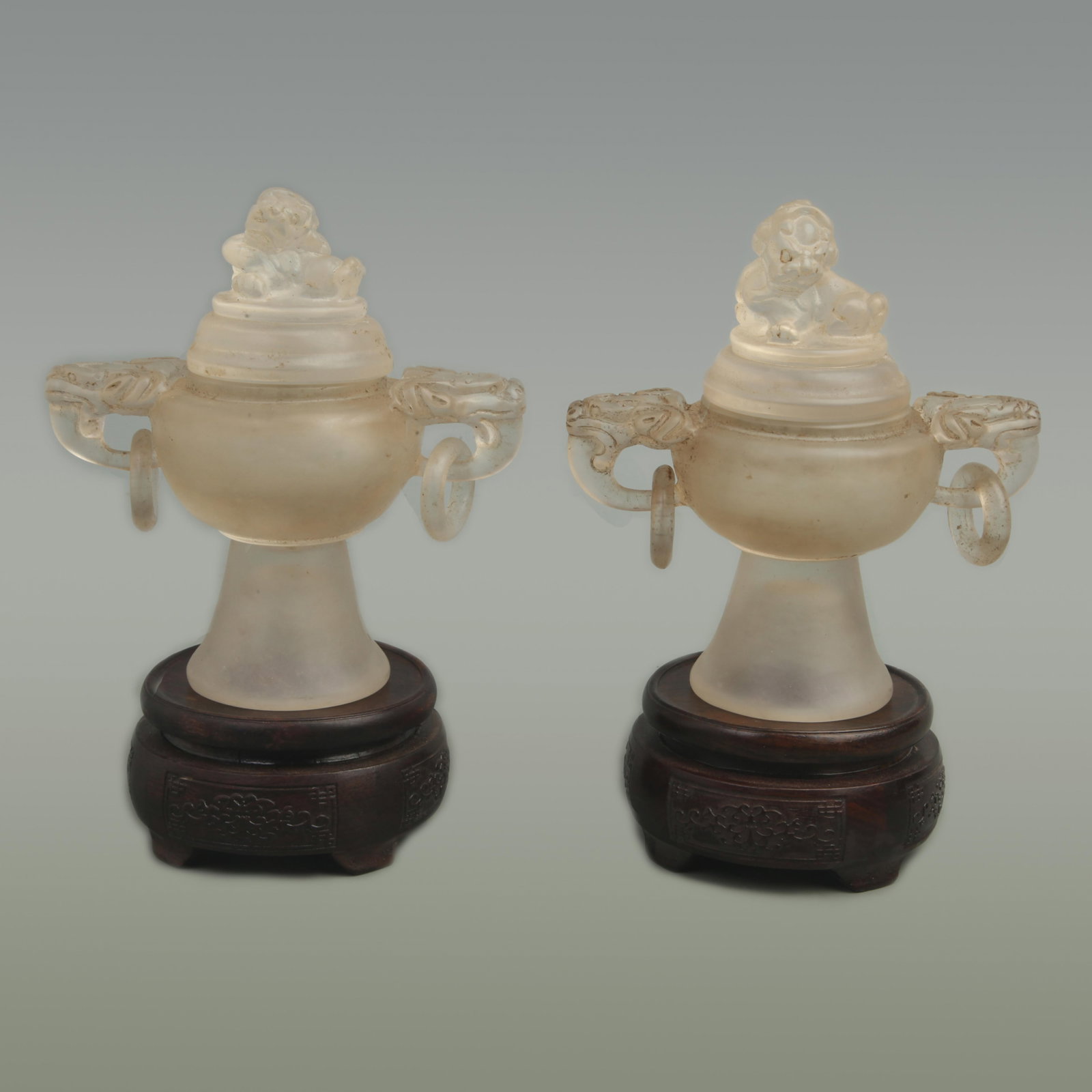 RARE PAIR OF CRYSTAL MADE INCENSE BURNER: Qing Dynasty, High: 6.2 inch; Width: 5.6 inch. Wooden base for picture and display only.