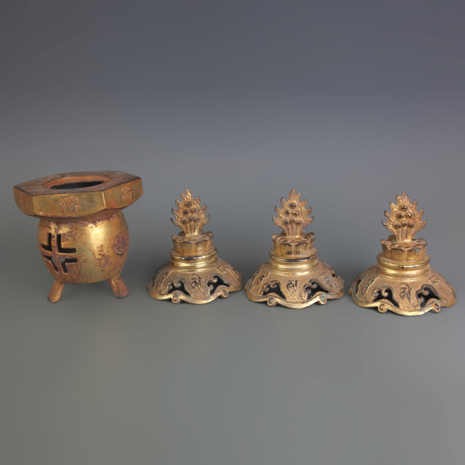 FOUR GILT-BRONZE INCENSE BURNER FITTINGS: Qing Dynasty; Diameter: 10.0 inch; High:8.3 inch.