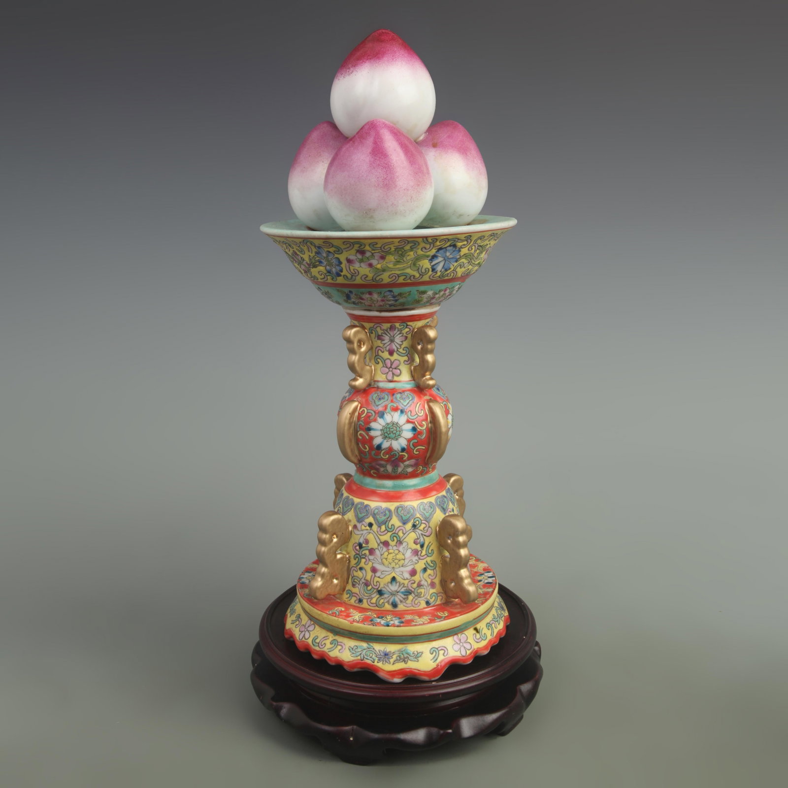 FAMILLE ROSE YELLOW GROUND FLOWER PATTERN PEACH DECORATION: Qing Dynasty Qian Long Period; High: 15.8 inch High: 6.8 inch; Wooden base for picture and display only.