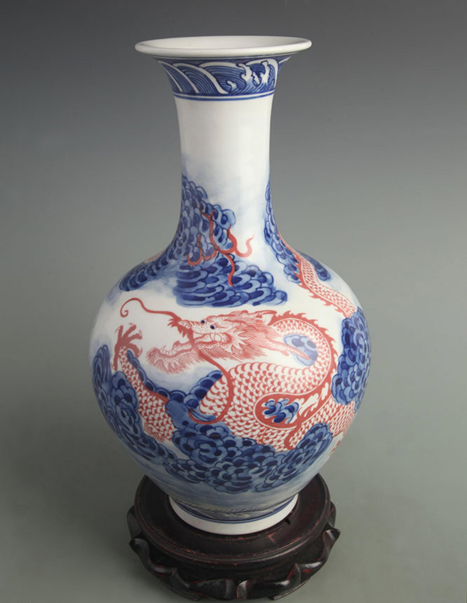 BLUE AND WHITE UNDERGLAZE RED DRAGON PATTERN PORCELAIN VASE: Qing Dynasty Yong Zheng Period; High: 14.2 inch; Width: 8.00 inch; Woodbase for picture and display only