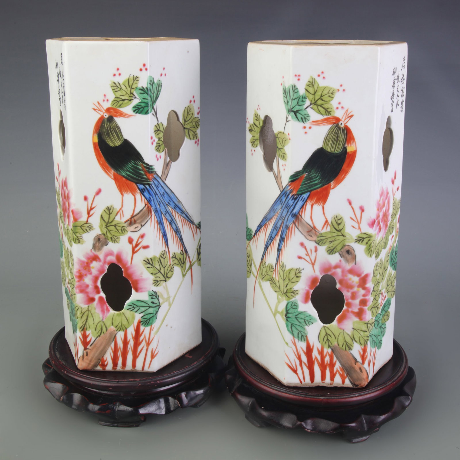 PAIR OF FAMILLE ROSE HEXAGONAL HAT STANDS WITH BIRD-AND-FLOWER DECORATION: Republic Period; Width: 5.2inch , High: 11.2inch; Woodbase for picture and display only