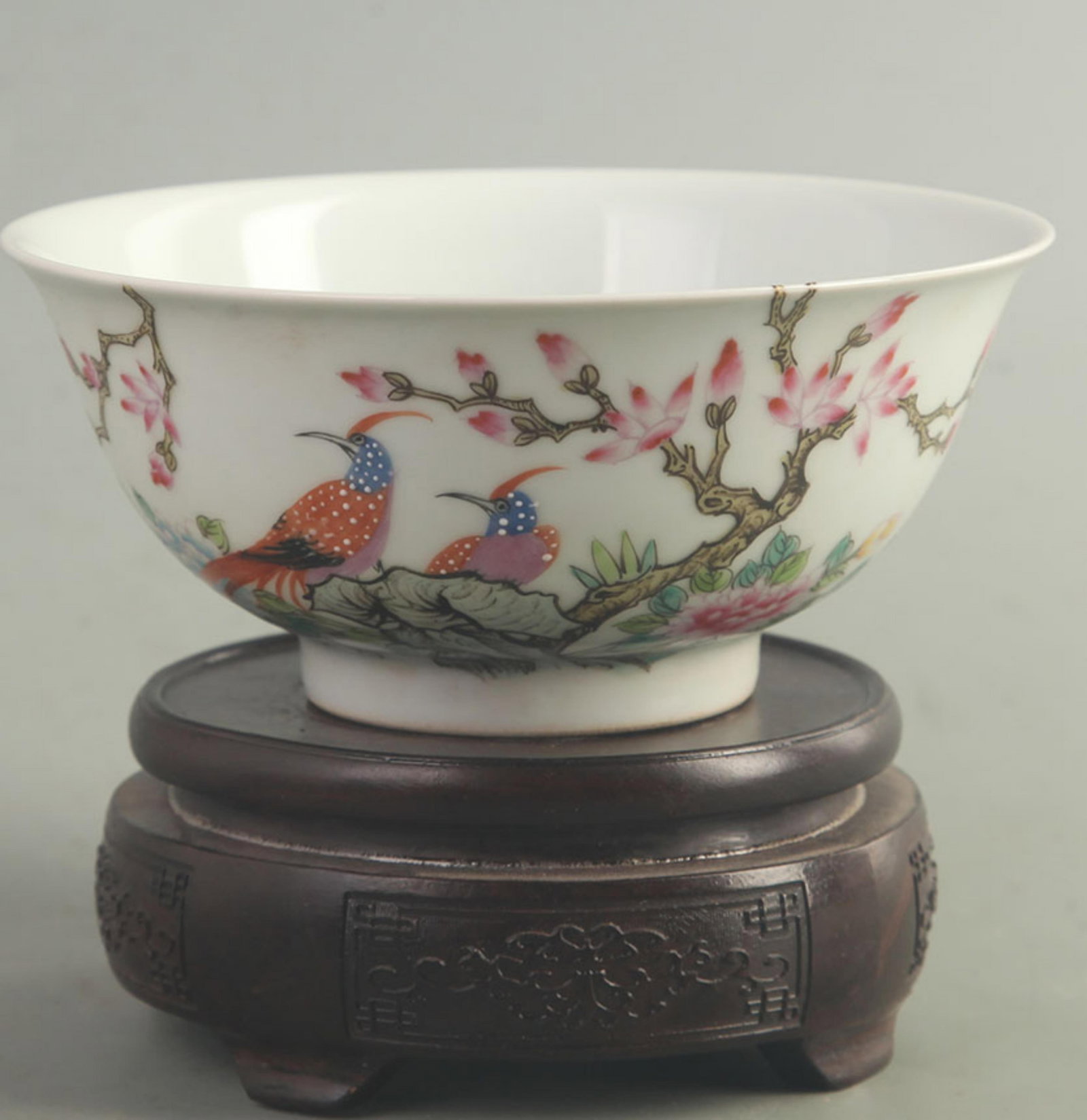 CLOISONNE ENAMEL FLOWER AND BIRD PORCELAIN BOWL: Qing Dynasty Yong Zheng Period; High: 2.50 inch; Diameter: 5.80 inch; Woodbase for picture and display only
