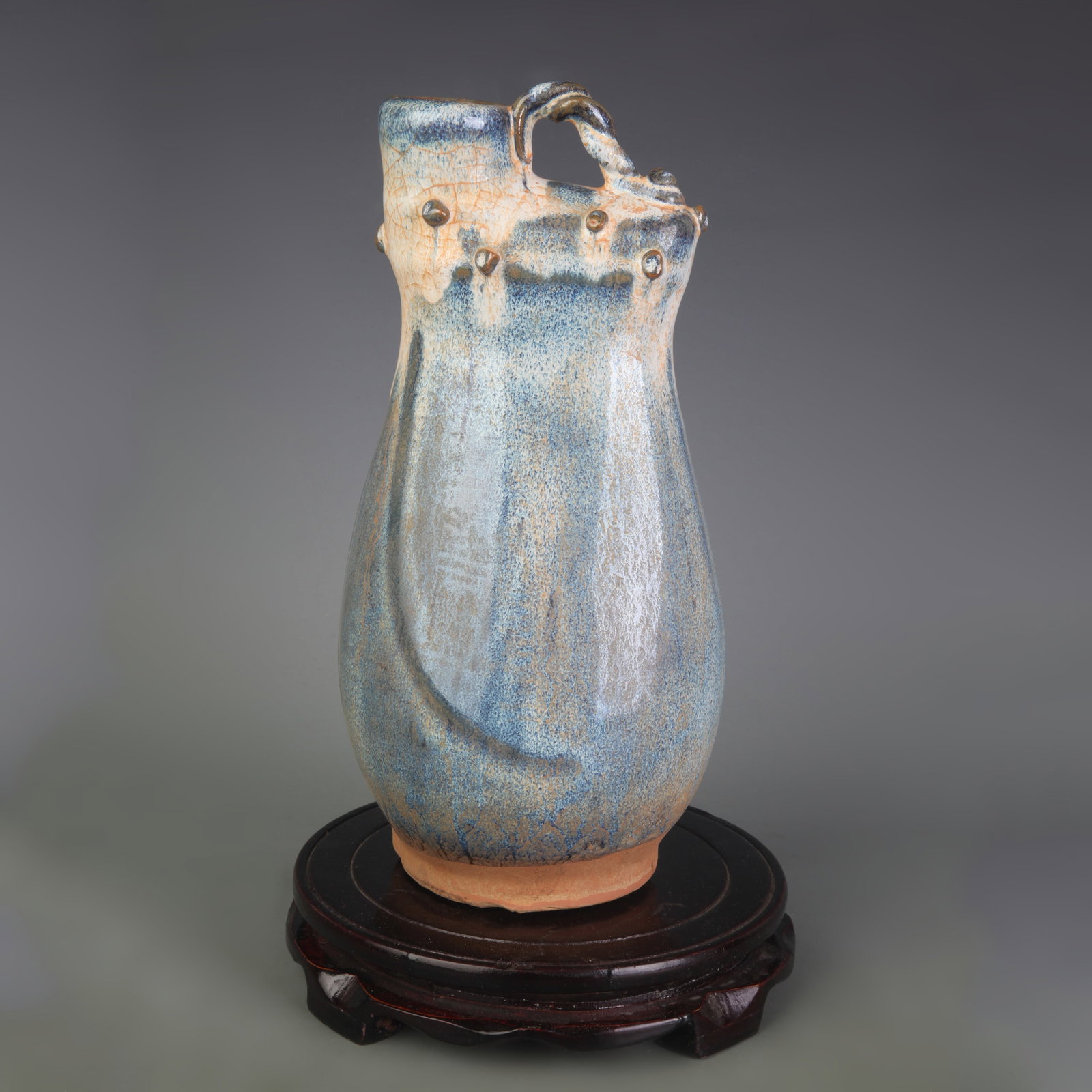 JUN WARE ROOSTER-HEAD PORCELAIN EWER: Liao Dynasty Style; High: 10.8 inch; Diameter: 4.0 inch; Woodbase for picture and display only