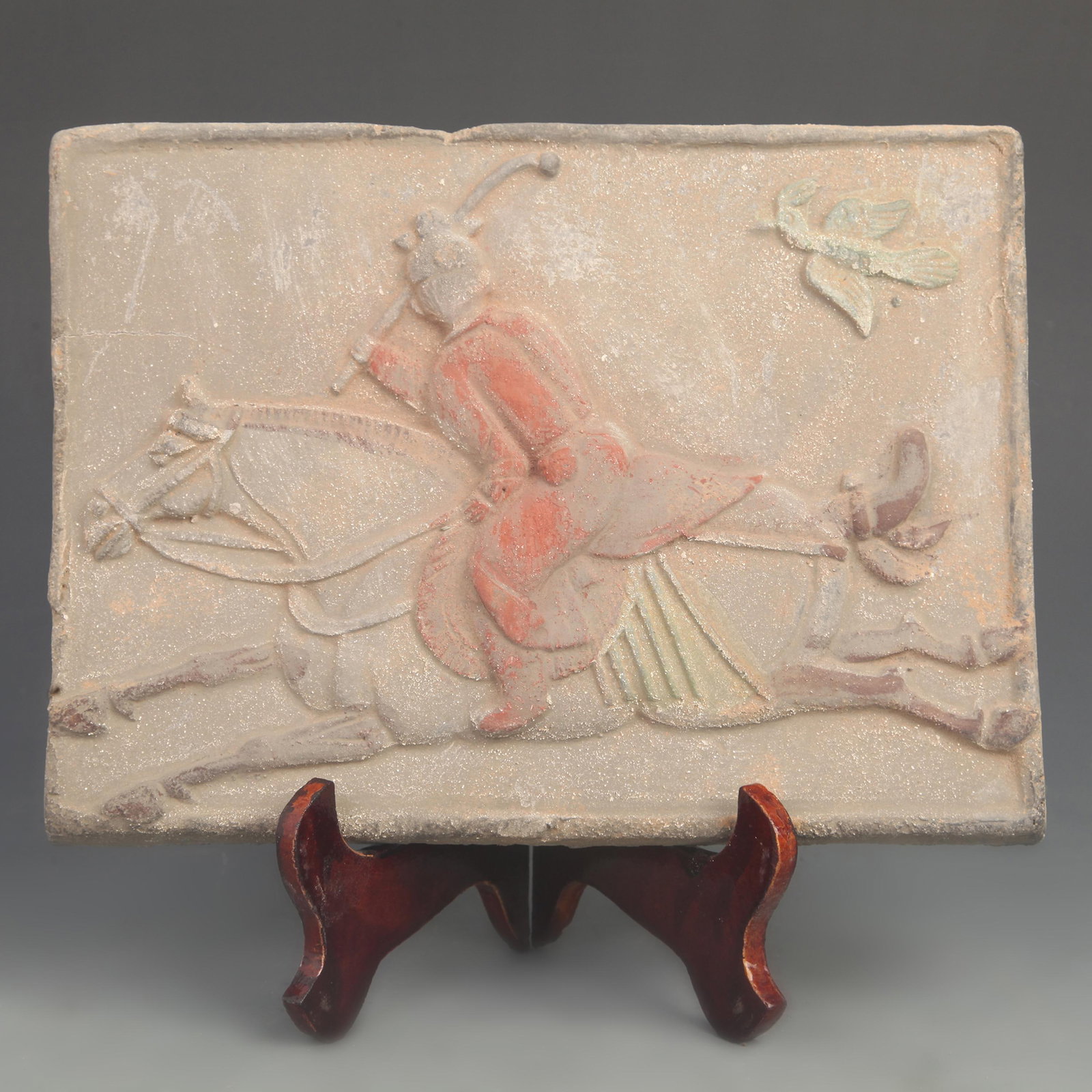 TANG DYNASTY-STYLE TILE CARVING WITH A PERSON PLAYING BALL: Tang Dynasty Style; High: 24.0 inch; Width: 10.00 inch; Woodbase for picture and display only