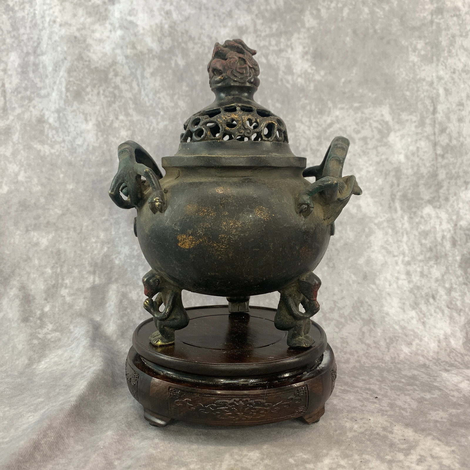CHINESE BRONZE MULTI-FIGURE RITUAL CENSER: 19th Century; Long: 7.4 inch; Width: 5.9 inch; High: 9 inch; Woodbase for picture and display only