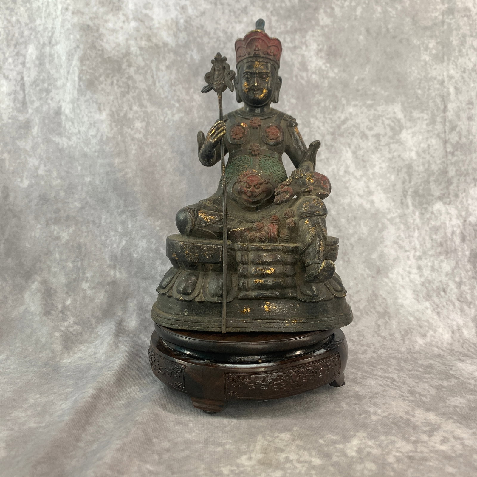 GILT-BRONZE STATUE OF VAISHRAVANA (DUOWEN TIANWANG): Qing Dynasty; Long: 6.7 inch; Width: 4.6 inch; High: 10.1 inch; Woodbase for picture and display only