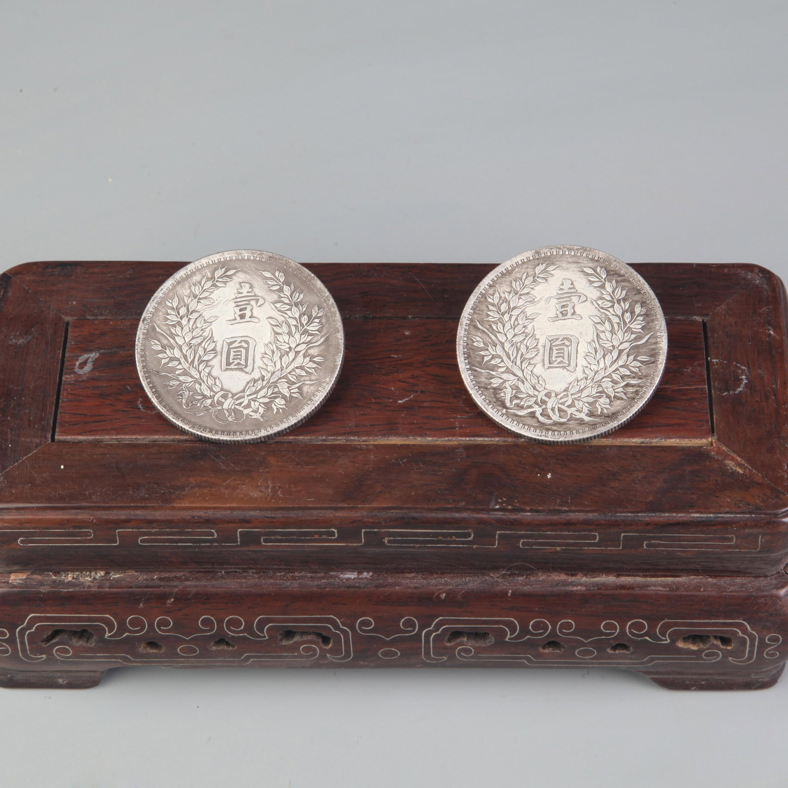 GROUP OF TWO CHINESE "YUAN SHIKAI" SILVER DOLLARS: Republic Period, Diameter: 1.8 inch; Woodbase for picture and display only